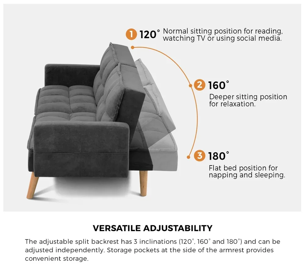 Sofa Bed Convertible Velvet 3-Seater Grey - Image 3