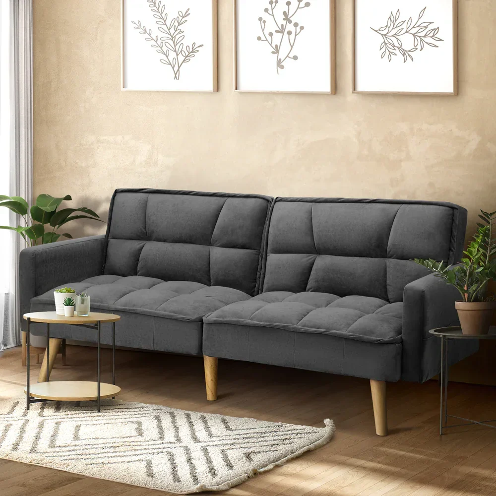 Sofa Bed Convertible Velvet 3-Seater Grey - Image 7