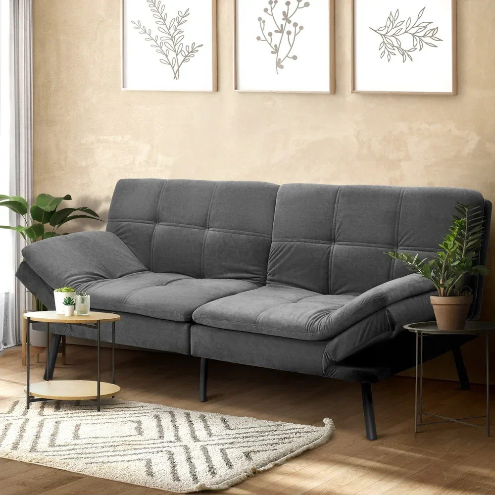 Sofa Bed Futon Lounge Couch Convertible Polyester 3-Seater Grey - Image 2
