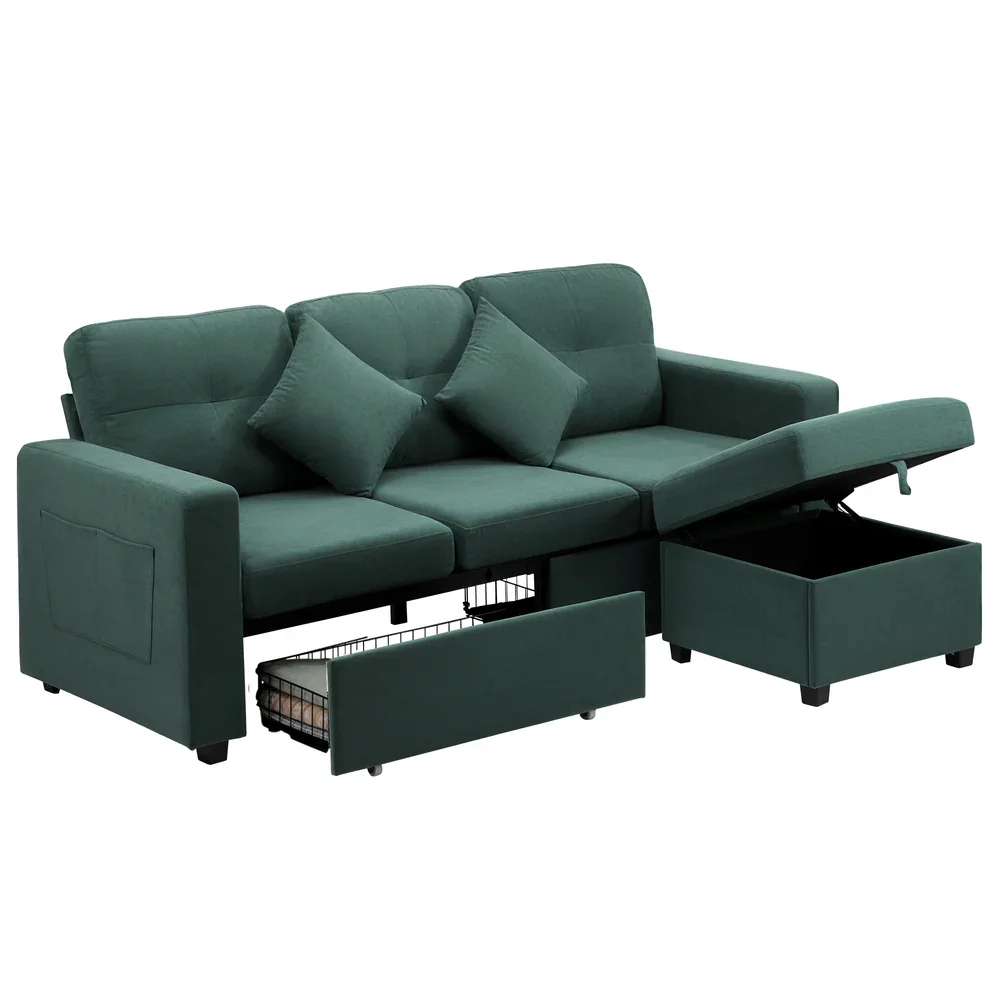 3 Seater Sofa Lounge Set Modular Couch Drawers&Ottoman Velvet Green - Image 3