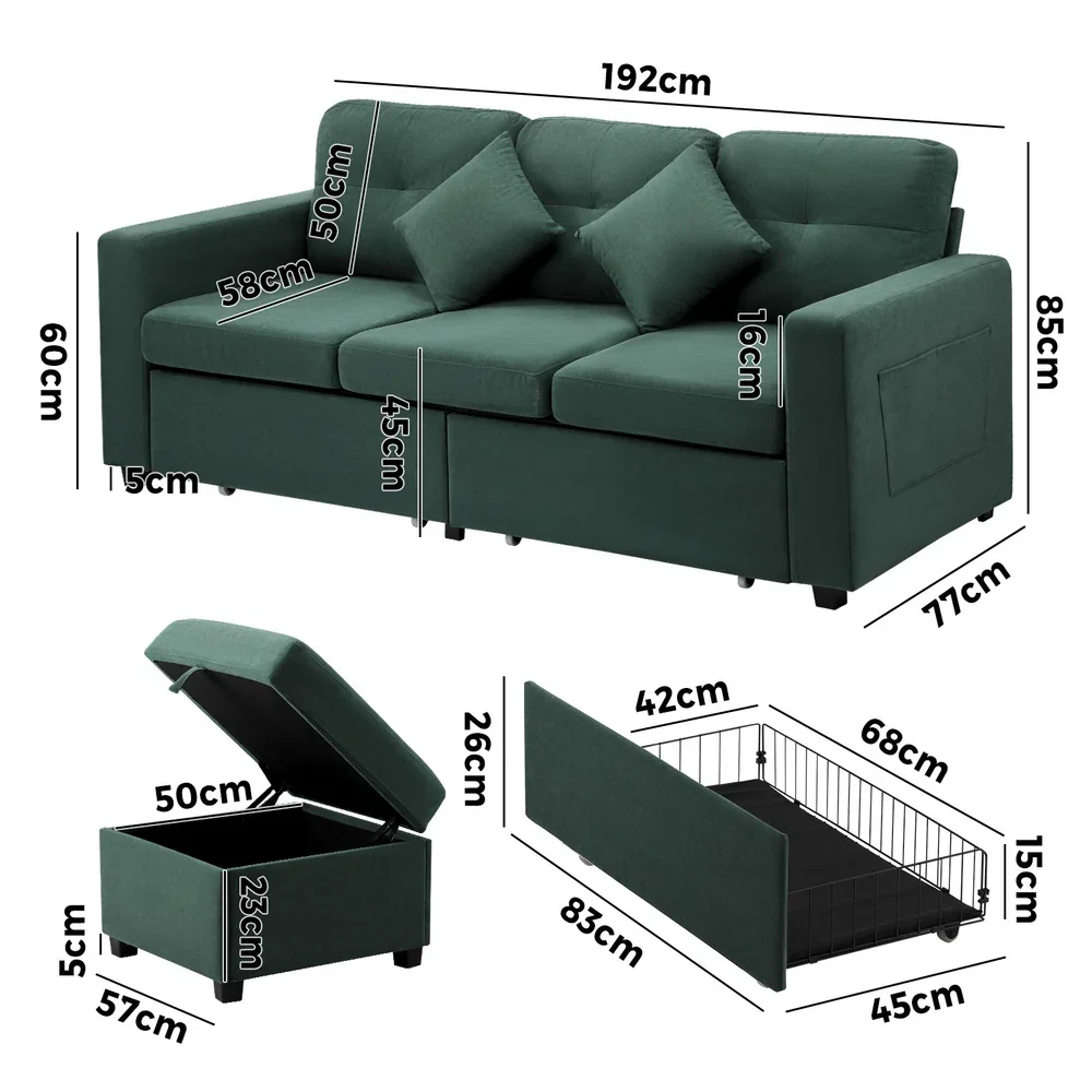 3 Seater Sofa Lounge Set Modular Couch Drawers&Ottoman Velvet Green - Image 5