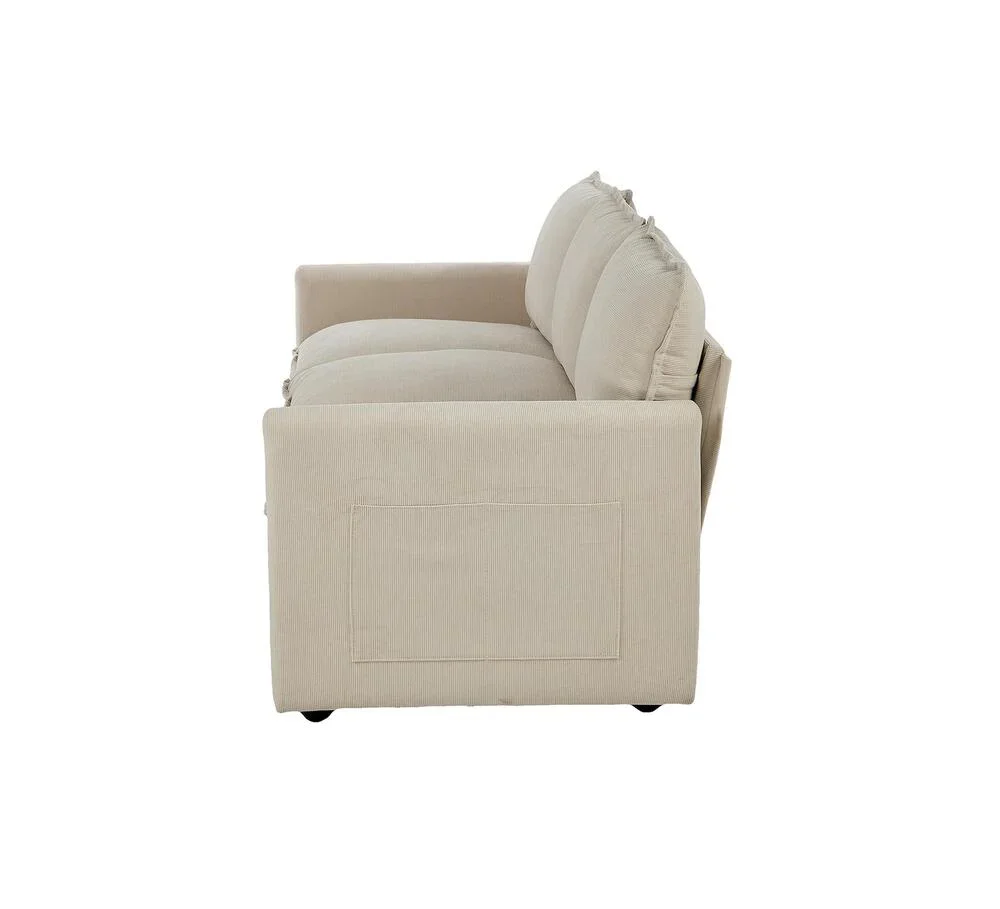 3 Seater Sofa Couch Lounge Thick Cushion Futon Corduroy Beige - Image 3