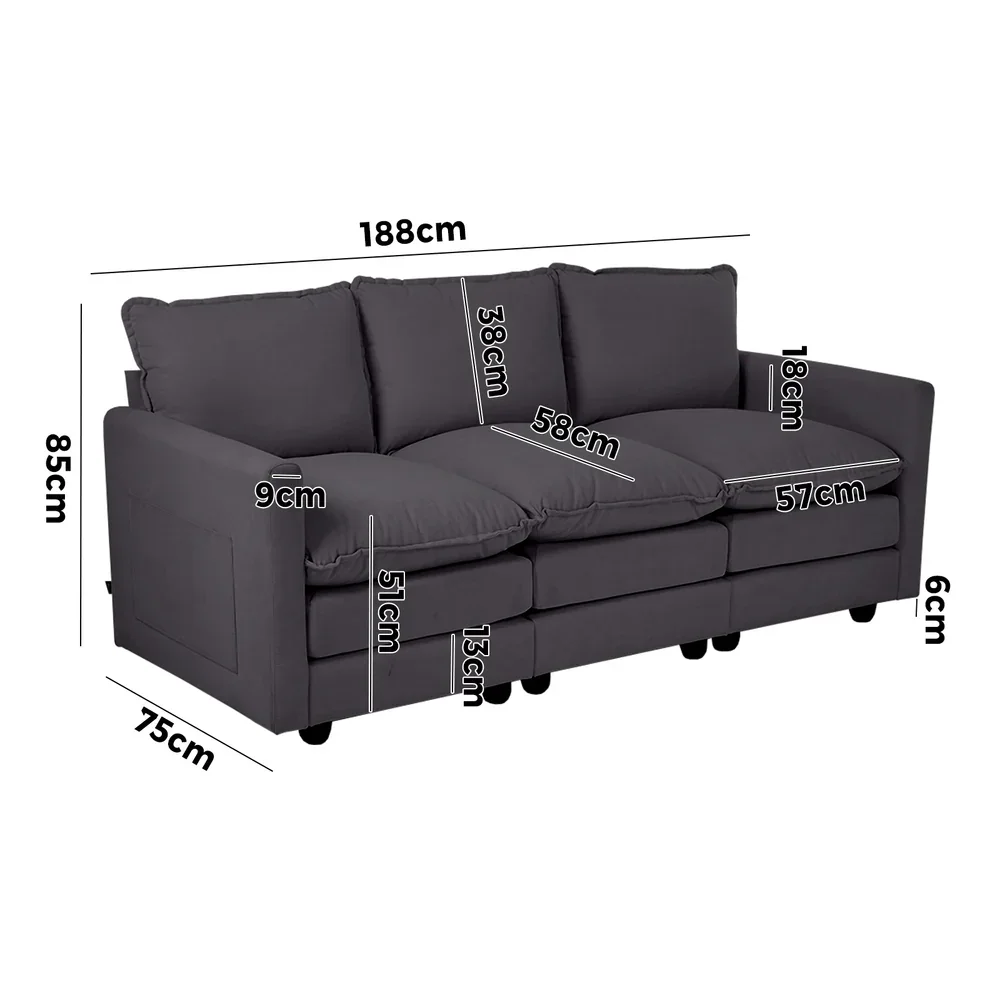 3 Seater Sofa Couch Lounge Thick Cushion Futon Corduroy Grey - Image 5