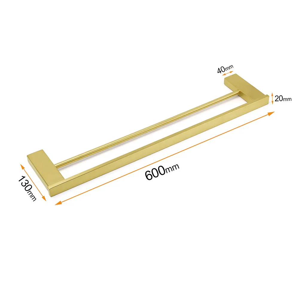 Square SUS Double Towel Rail Rack 600mm Brushed Gold Hanger Holder Bar Bathroom - Image 2