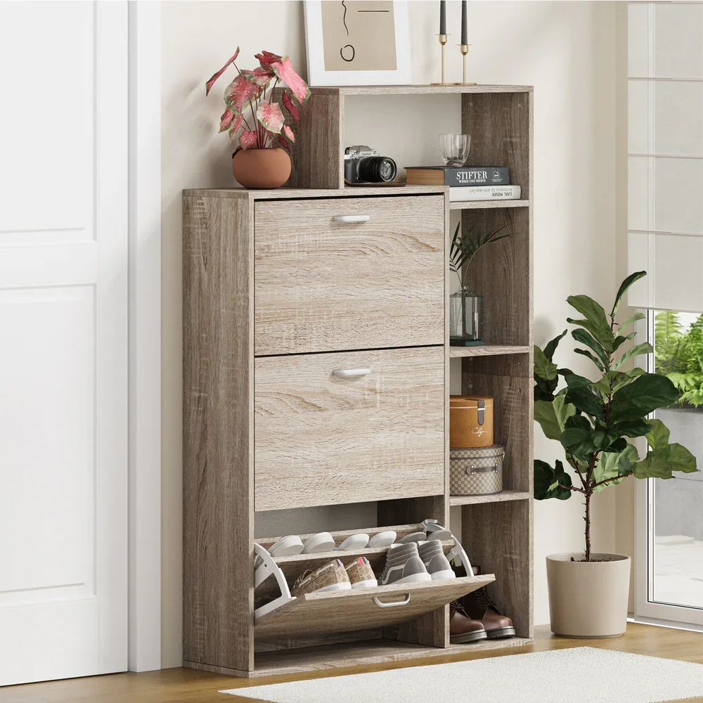 Shoe Cabinet Storage 3 Doors with Display Shelves Wooden - Image 4