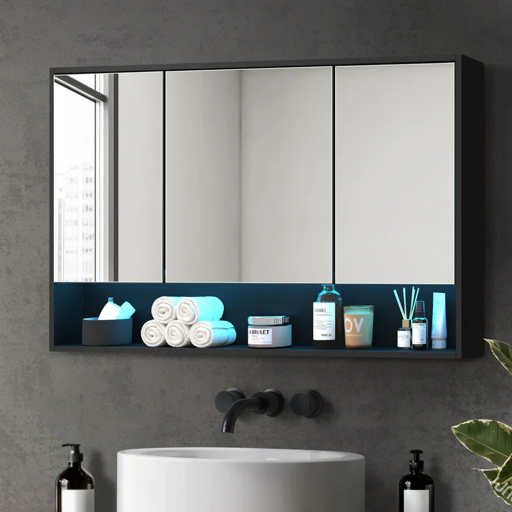 Bathroom Mirror Cabinet LED Wall Storage 1200x750mm Black - Image 2