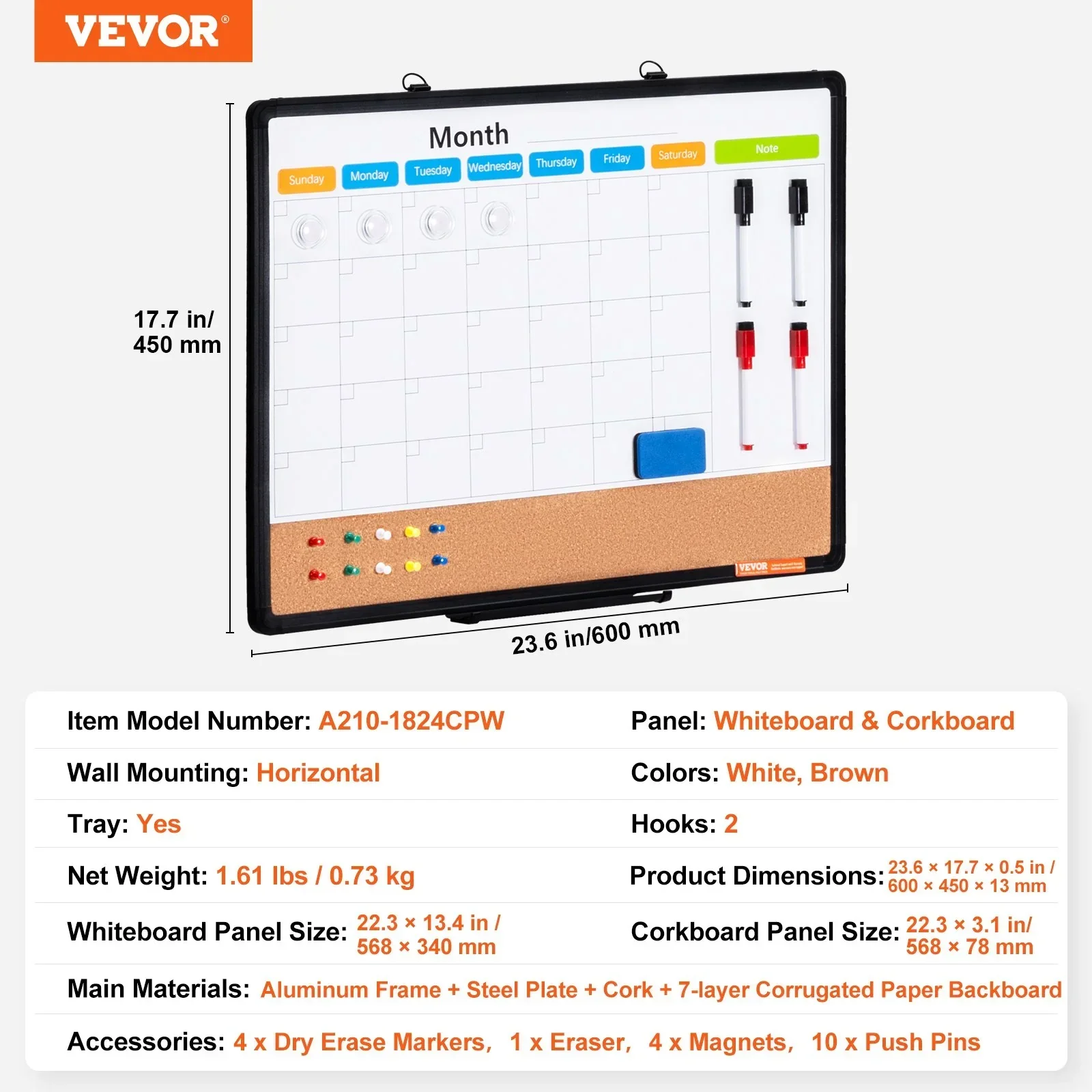 24"x 18" Monthly Calendar Whiteboard & Cork Board Combo with Aluminum Frame – 2-in-1 Magnetic Dry Erase Bulletin Board for Wall Mount – Ideal for School, Home, Office - Image 7