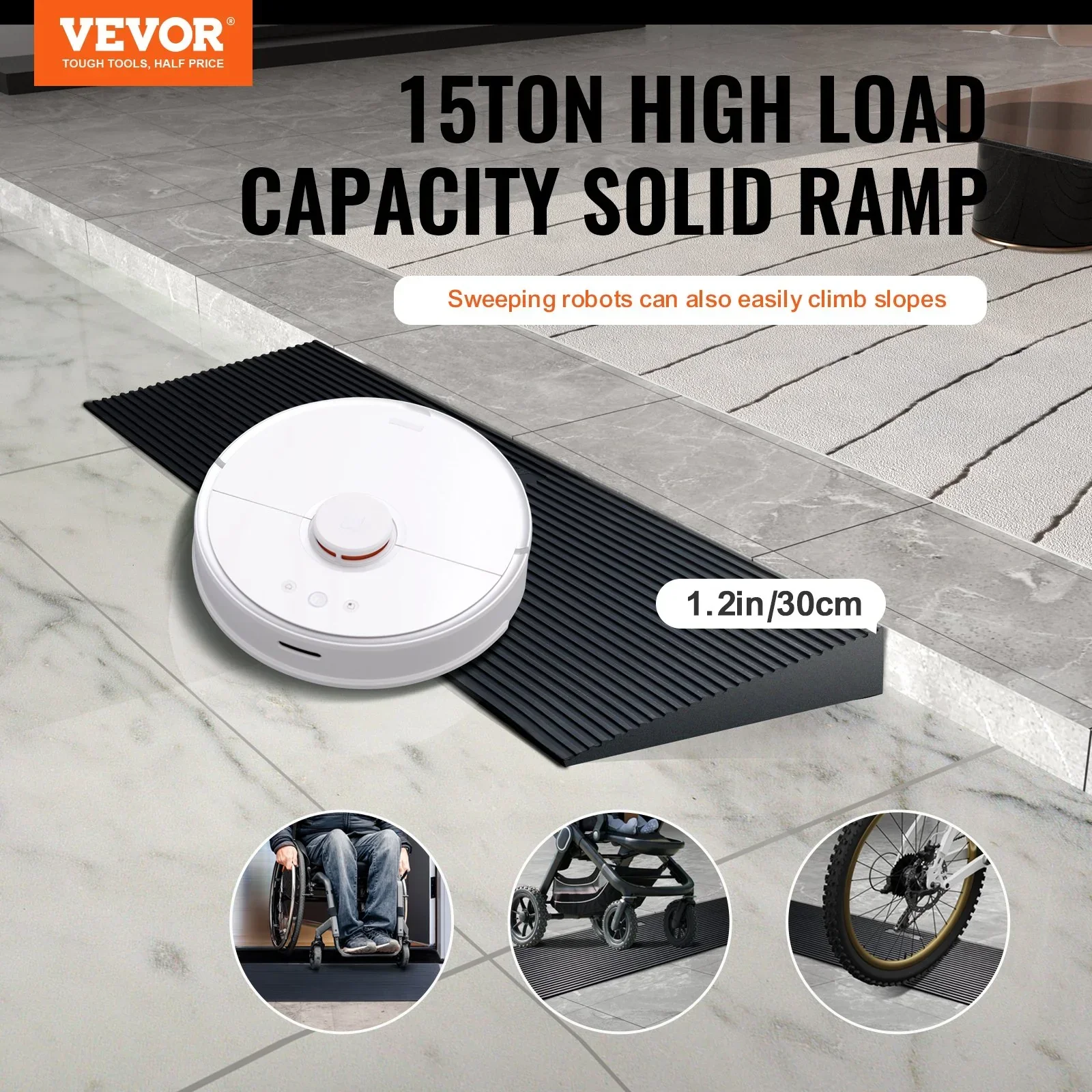 3 cm Rise Cuttable Threshold Ramp for Sweeping Robot, 90 cm Wide Natural Rubber Wheelchair Ramp, Non-Slip Solid Rubber Ramp with Double-Sided Tape for Doorways, Driveways, Bathroom, Smooth Tile - Image 2