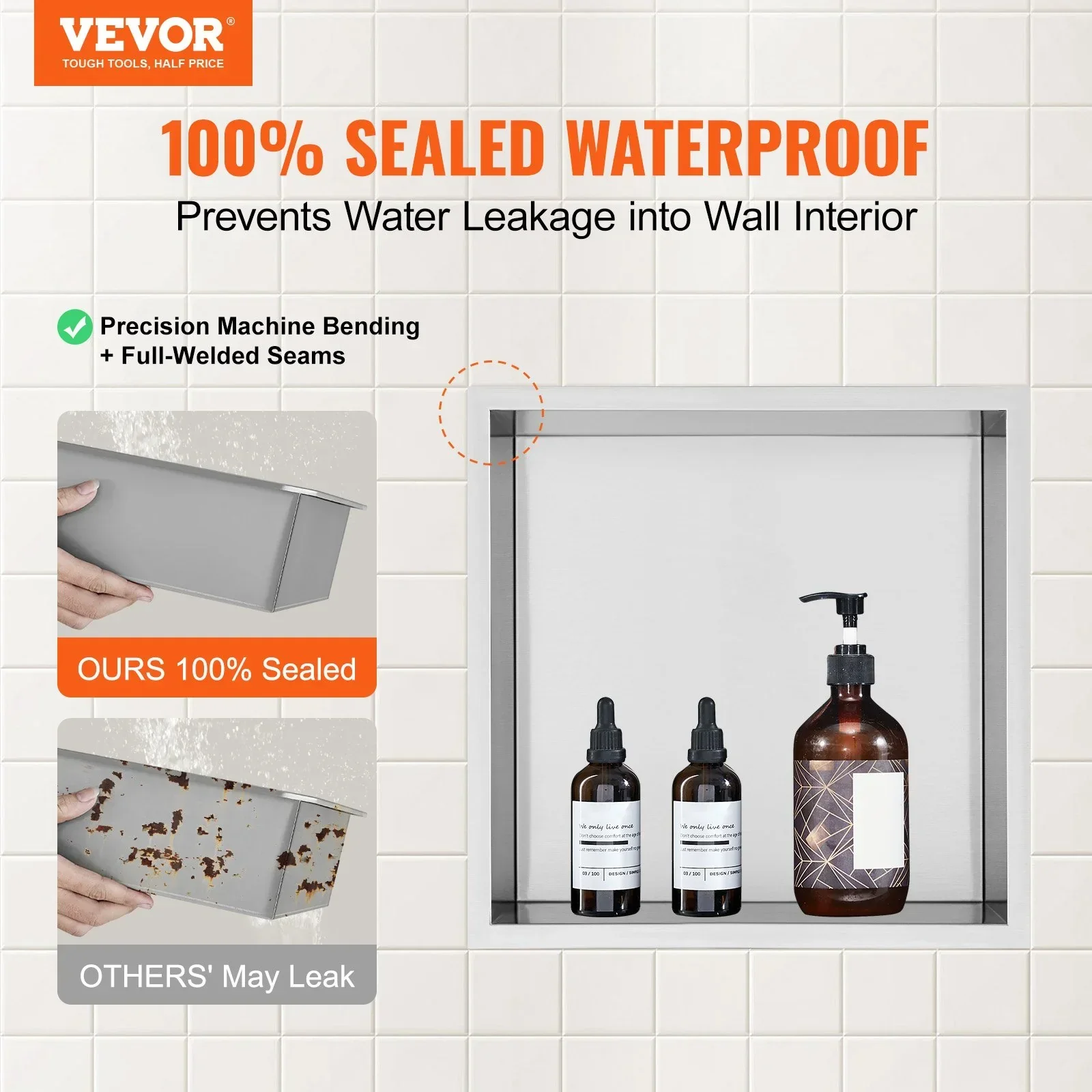 33.02 x 33.02 cm No Tile Shower Niche 304 Stainless Steel, Wall-Inserted Niche Recessed Double Shelves, Sealed Waterproof Rust-Resistant Modern Niche for Shower Bathroom Soap Storage, Silver - Image 2