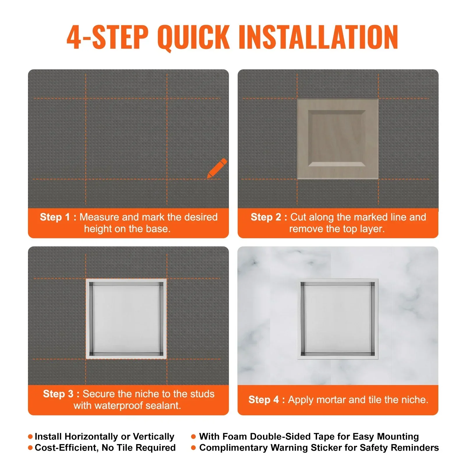 33.02 x 33.02 cm No Tile Shower Niche 304 Stainless Steel, Wall-Inserted Niche Recessed Double Shelves, Sealed Waterproof Rust-Resistant Modern Niche for Shower Bathroom Soap Storage, Silver - Image 5