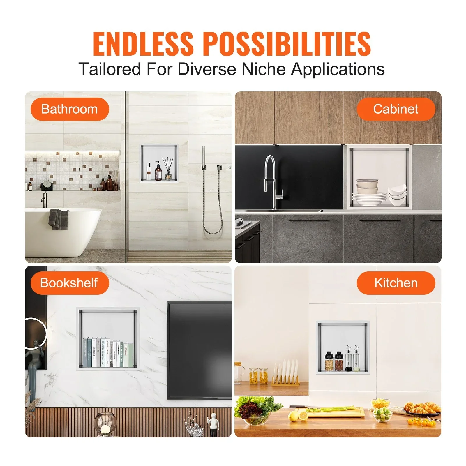 33.02 x 33.02 cm No Tile Shower Niche 304 Stainless Steel, Wall-Inserted Niche Recessed Double Shelves, Sealed Waterproof Rust-Resistant Modern Niche for Shower Bathroom Soap Storage, Silver - Image 6