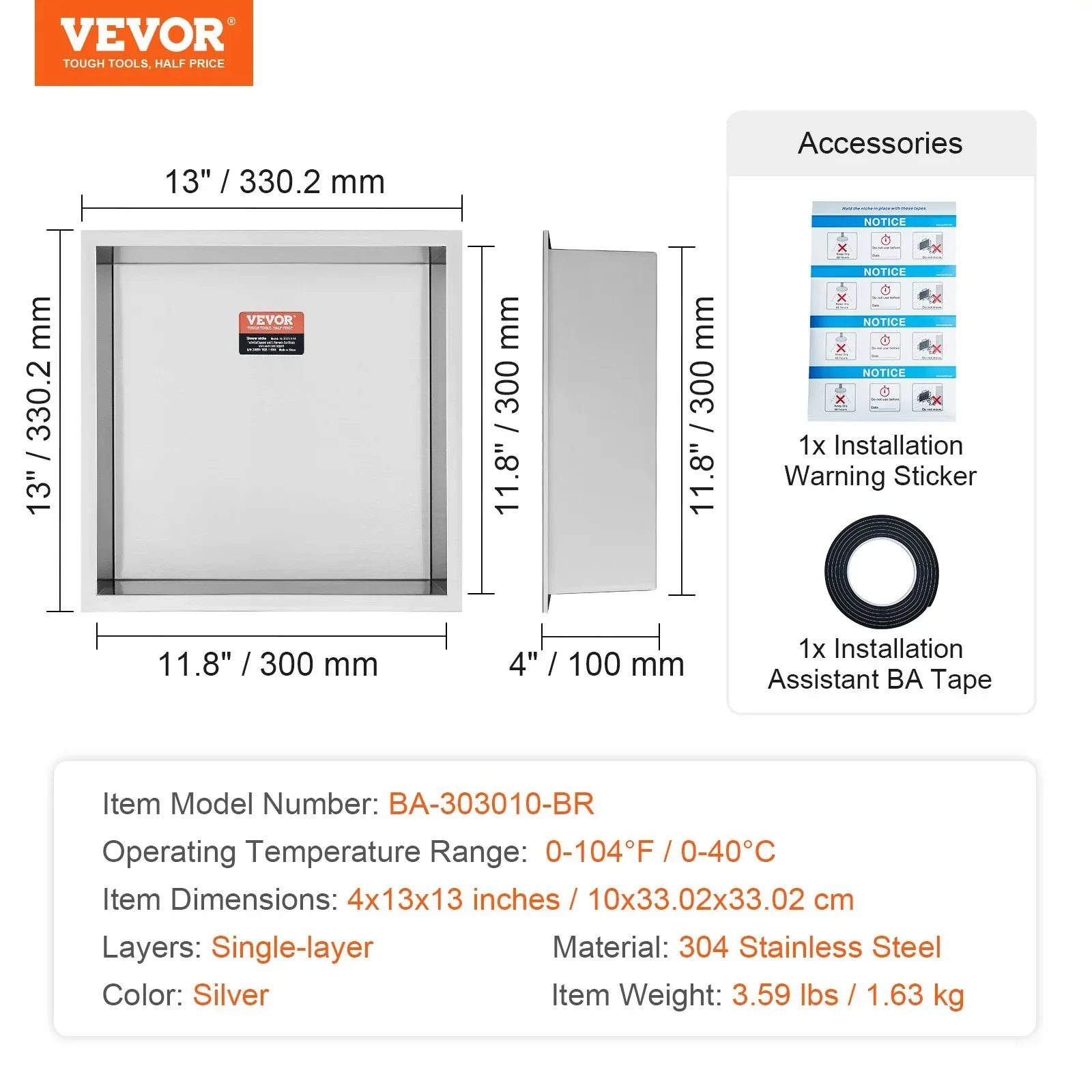 33.02 x 33.02 cm No Tile Shower Niche 304 Stainless Steel, Wall-Inserted Niche Recessed Double Shelves, Sealed Waterproof Rust-Resistant Modern Niche for Shower Bathroom Soap Storage, Silver - Image 7