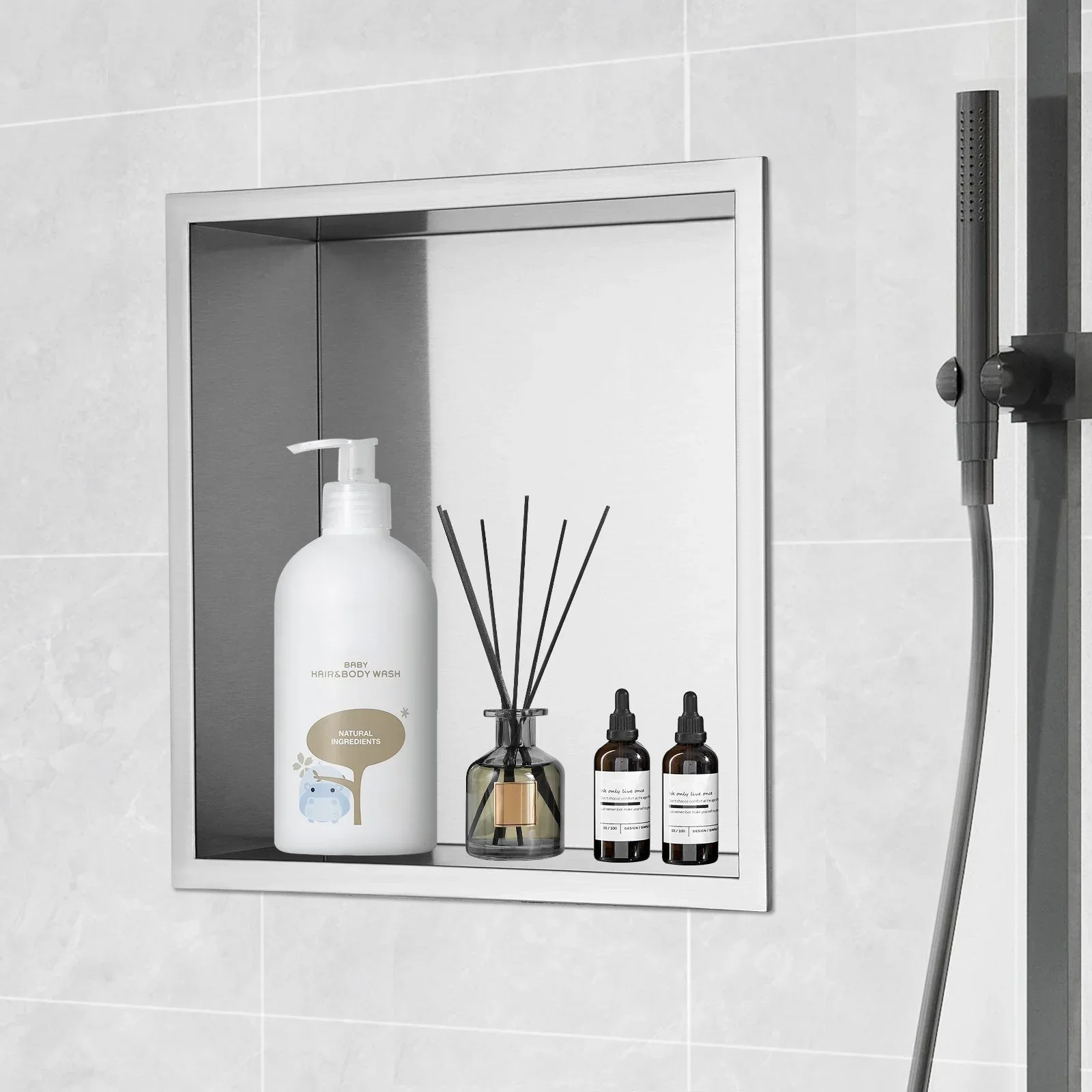 33.02 x 33.02 cm No Tile Shower Niche 304 Stainless Steel, Wall-Inserted Niche Recessed Double Shelves, Sealed Waterproof Rust-Resistant Modern Niche for Shower Bathroom Soap Storage, Silver - Image 8