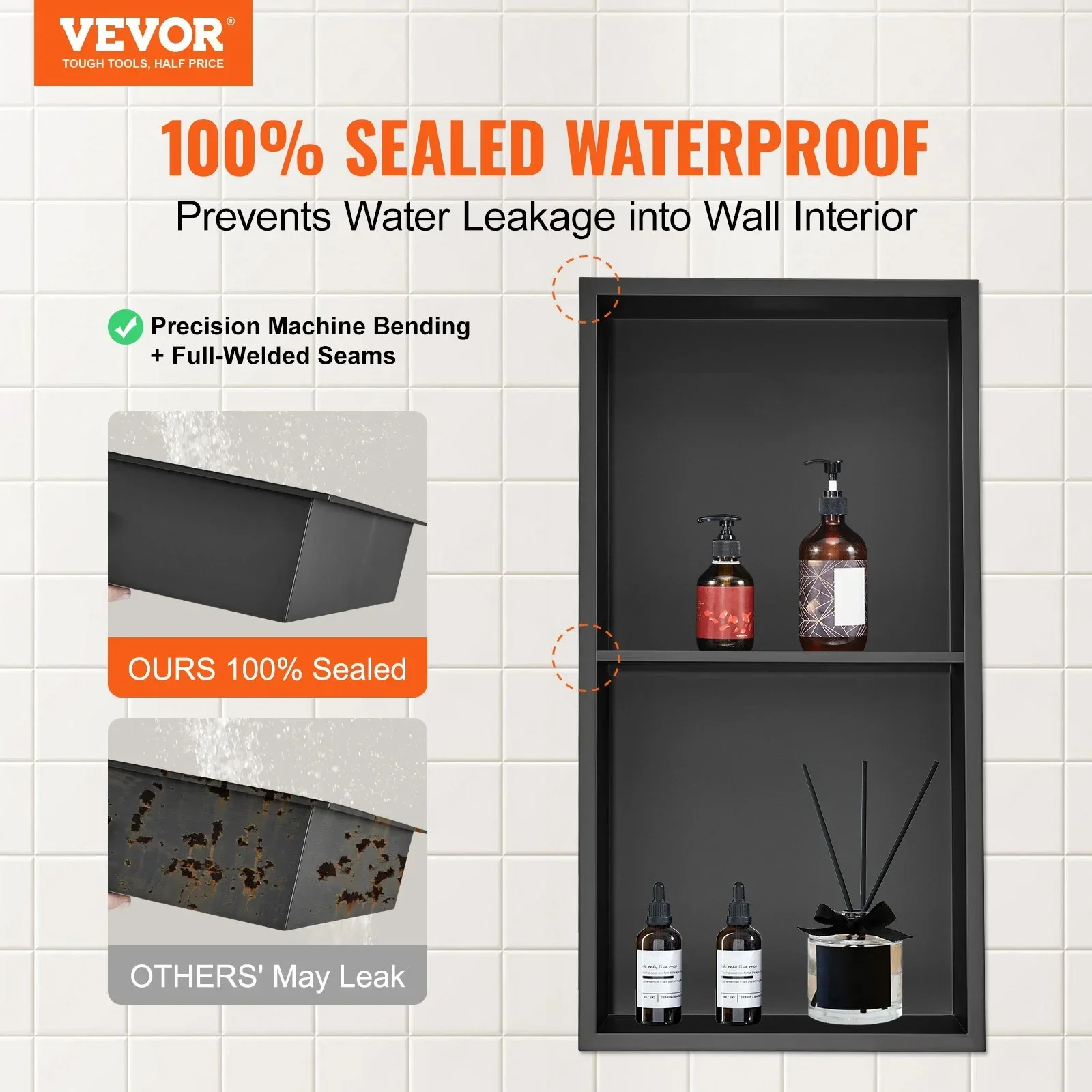 33.02 x 63.5 cm No Tile Shower Niche 304 Stainless Steel, Wall-Inserted Niche Recessed Double Shelves, Sealed Waterproof Rust-Resistant Modern Niche for Shower or Soap Storage Bathroom - Image 2