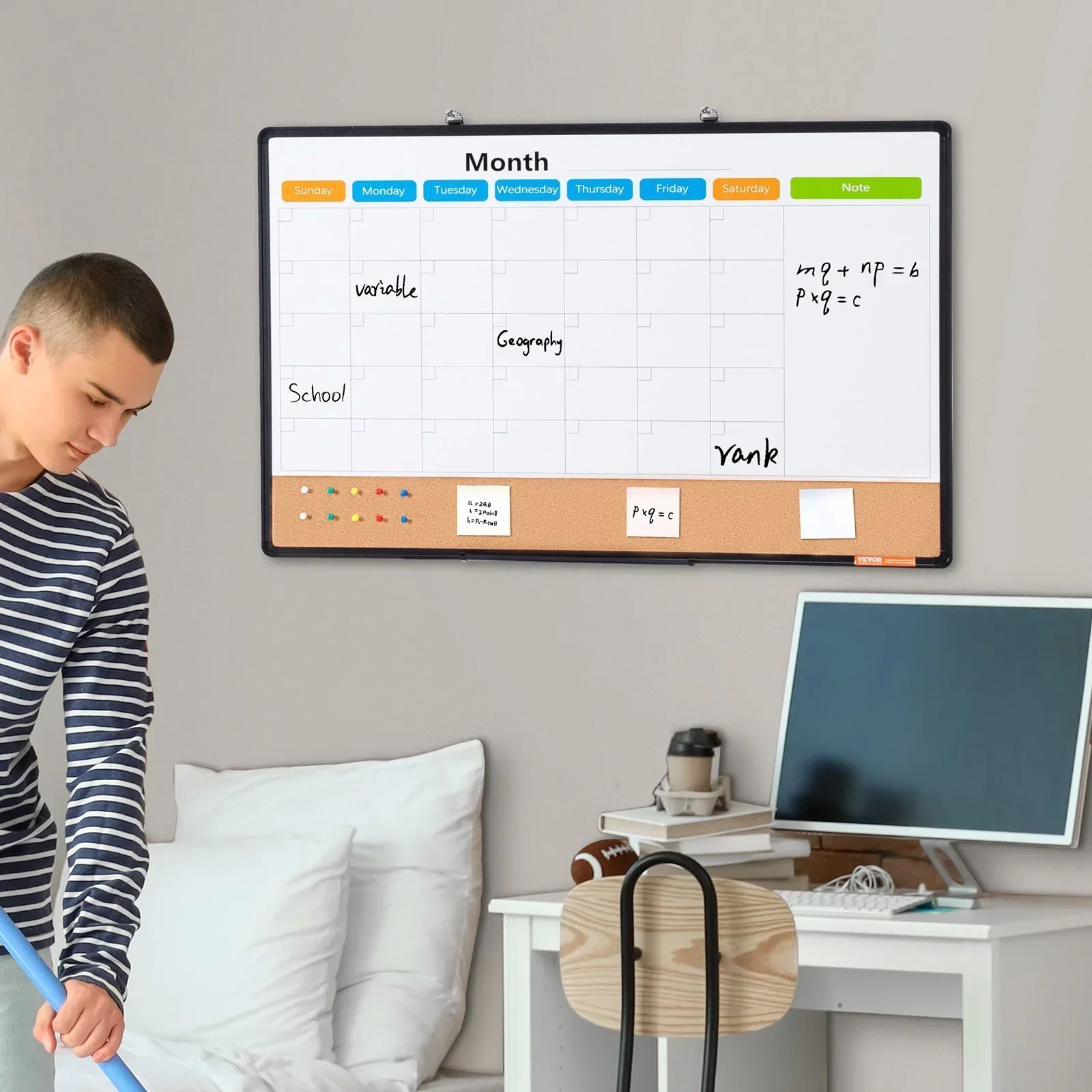 36"x 24" Monthly Calendar Whiteboard & Cork Board Combo with Aluminum Frame – 2-in-1 Magnetic Dry Erase Bulletin Board for Wall Mount – Ideal for School, Home, Office - Image 8