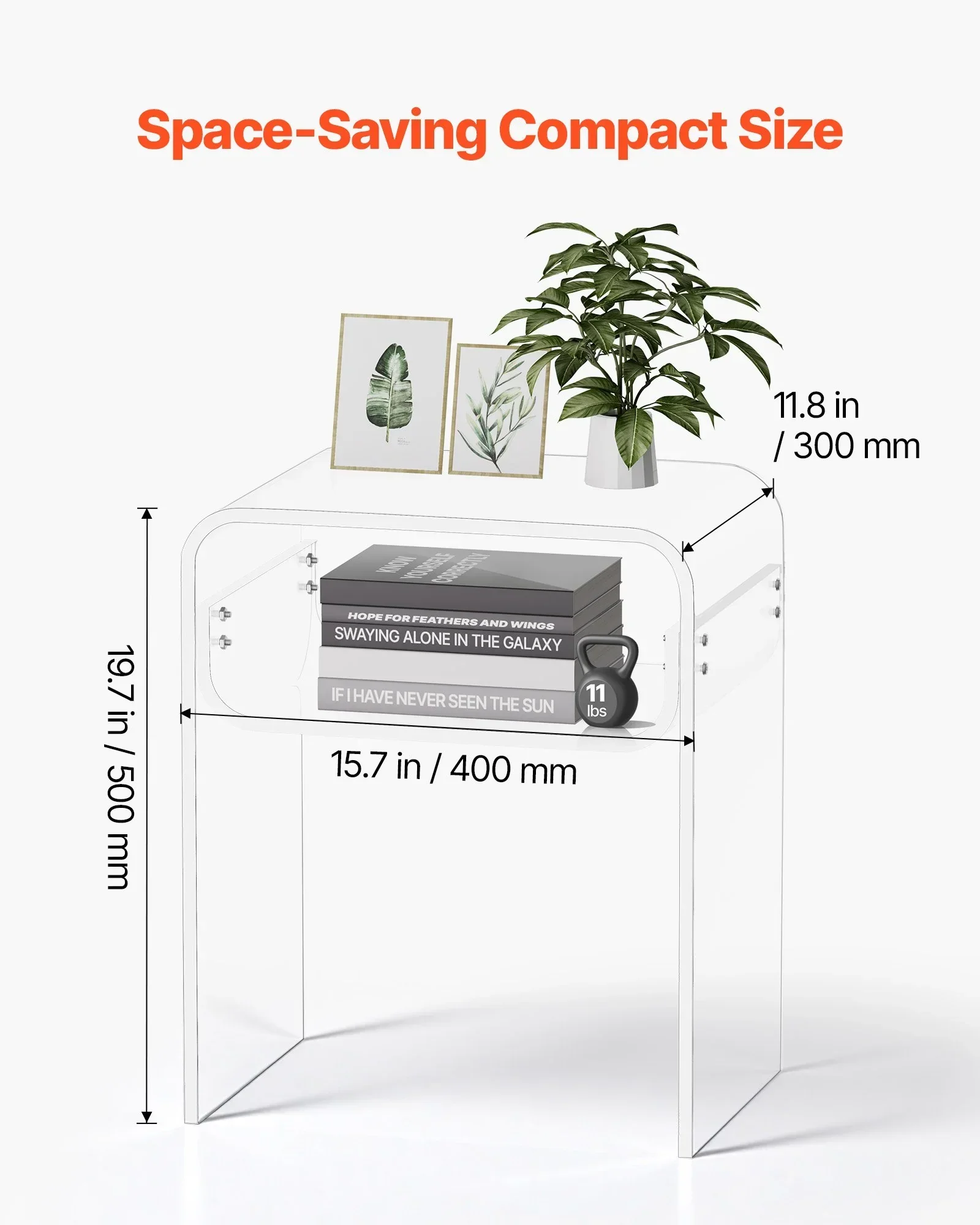 Acrylic Side Table, 2 Tiers Clear Bedside Table with Storage Shelf, Modern Rectangle Acrylic End Desk, Transparent Thick Nightstand for Bedroom, Living Room, Study, 30 x 40 x 50 cm (Clear) - Image 3