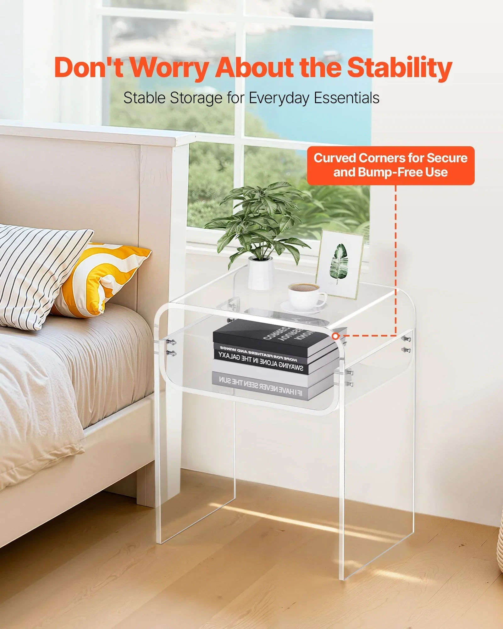 Acrylic Side Table, 2 Tiers Clear Bedside Table with Storage Shelf, Modern Rectangle Acrylic End Desk, Transparent Thick Nightstand for Bedroom, Living Room, Study, 30 x 40 x 50 cm (Clear) - Image 4