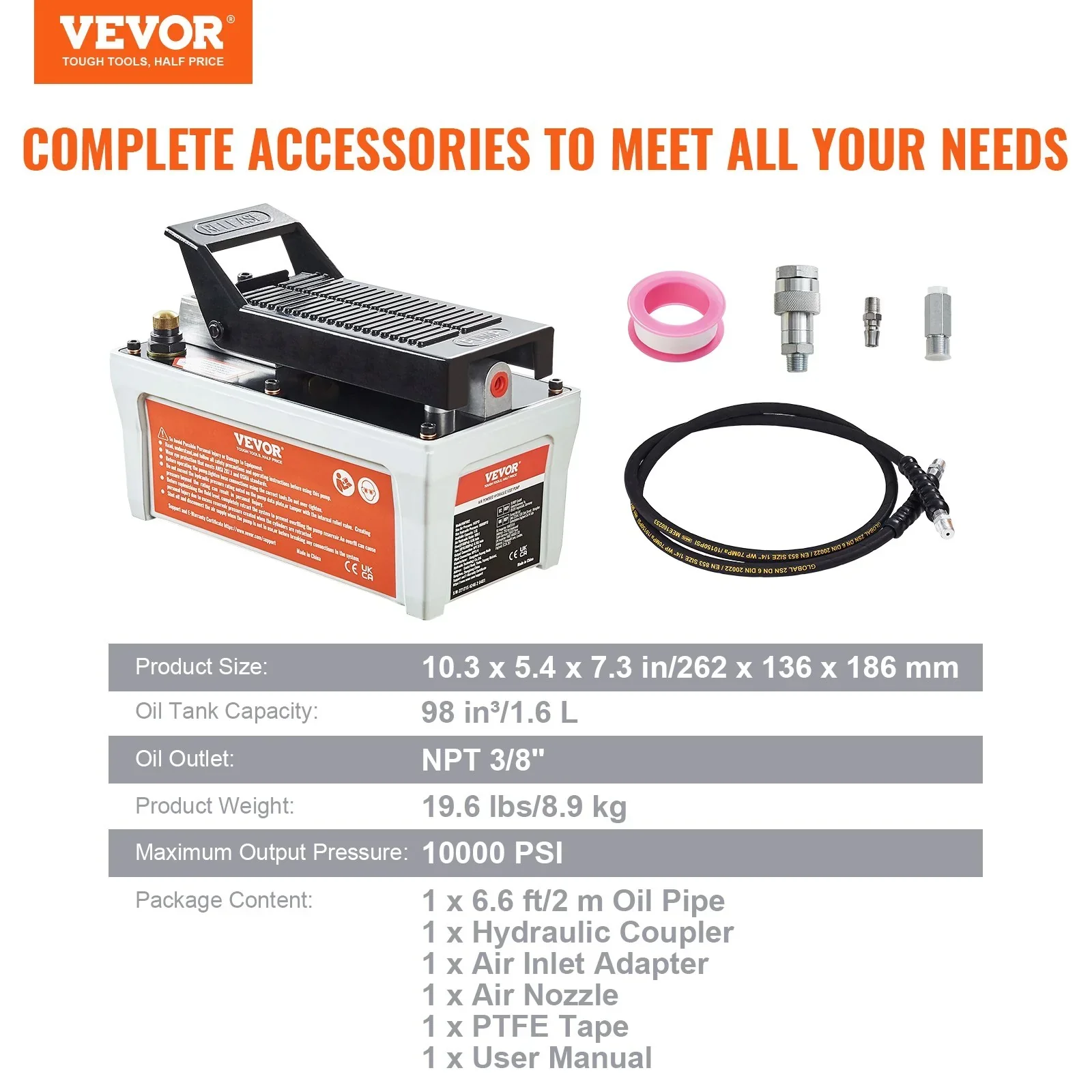Air Hydraulic Pump, 10,000 PSI 1/2 Gal Reservoir, NPT 3/8" Oil Outlet, NPT 1/4" Inlet, 6.6 ft Pipe, Foot Actuated Hydraulic Pump Air Treadle for Auto Body Frame Machines and Pulling Post, Gray - Image 7
