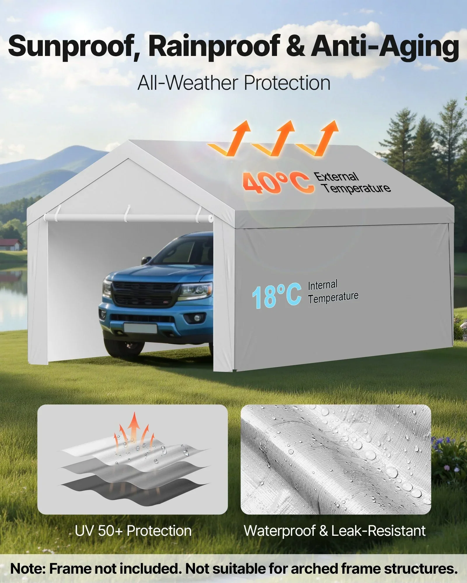 Carport Replacement Canopy, 6x 3.6 m Potable Garage Tent Top Tarp with Sidewalls, UV-Resistant & Waterproof, Heavy Duty Car Shelter Tarp with Ball Buggees, Grey, Frame Not Included - Image 4