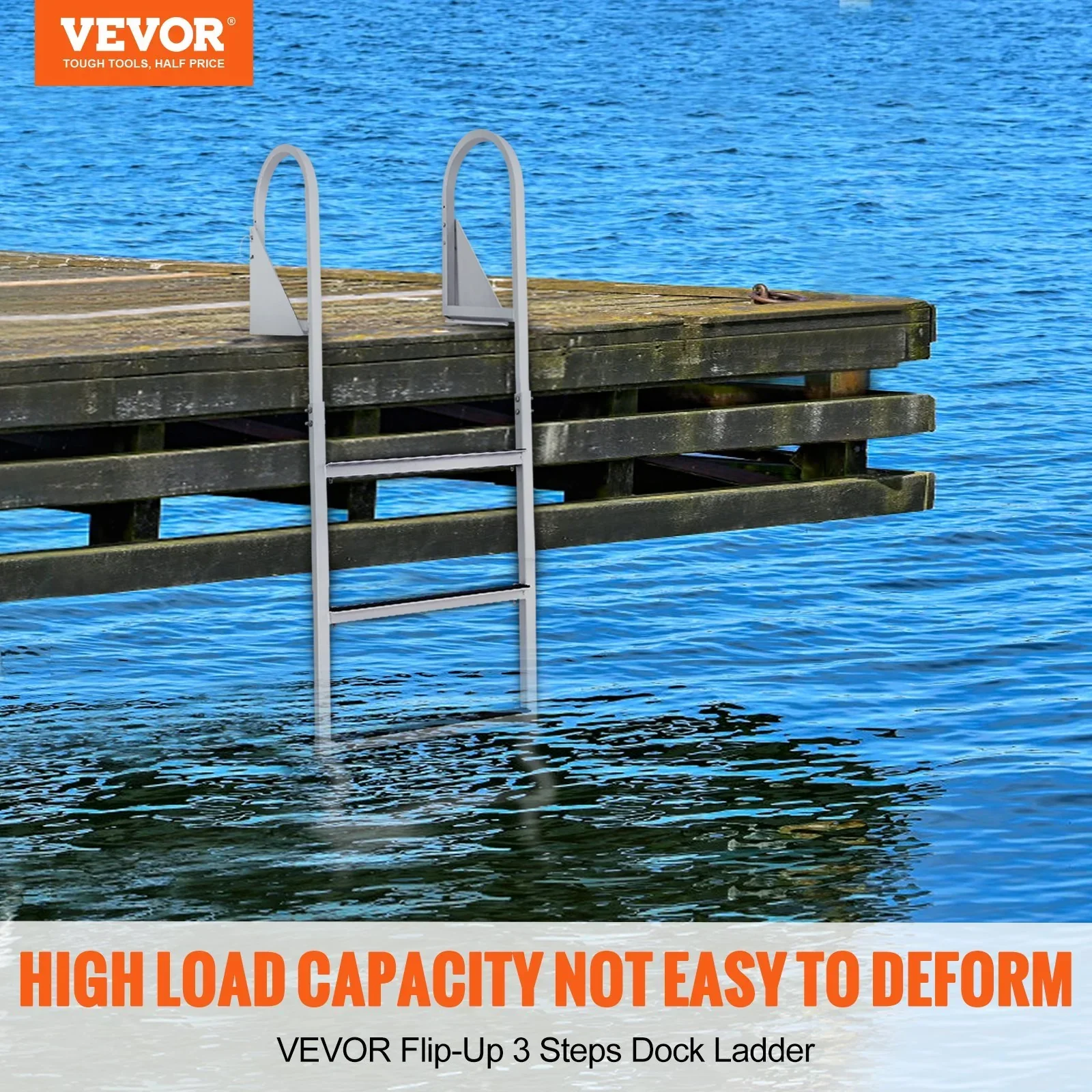 Dock Ladder, Flip-Up 3 Steps, 159 kg Load Capacity, Aluminum Alloy Pontoon Boat Ladder with 50.8 mm Wide Step & Nonslip Rubber Mat, Easy to Install for Ship/Lake/Pool/Marine Boarding - Image 2