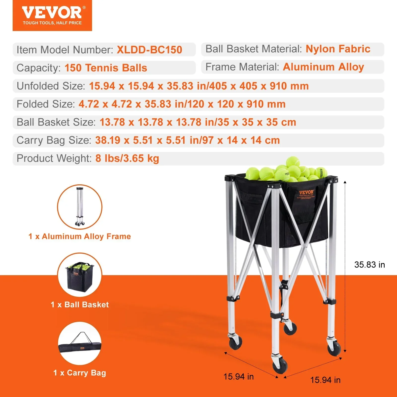 Foldable Tennis Ball Hopper, Holds 150 Tennis Balls, Lightweight Aluminum Alloy Tennis Ball Basket Cart with Wheels, Removable Bag, Carry Bag, Portable Sports Teaching Cart for Tennis Player - Image 7