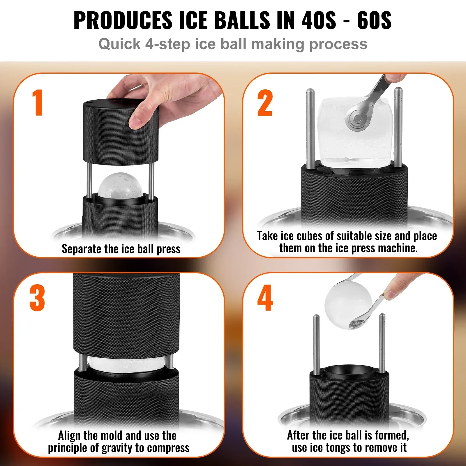 Ice Ball Press, 6cm Ice Ball Maker, Aircraft Al Alloy Ice Ball Press Kit for 60mm Ice Sphere, Ice Press with Tong and Drip Tray, for Whiskey, Cocktail, Bourbon, Scot on Party & Holiday, Black - Image 3