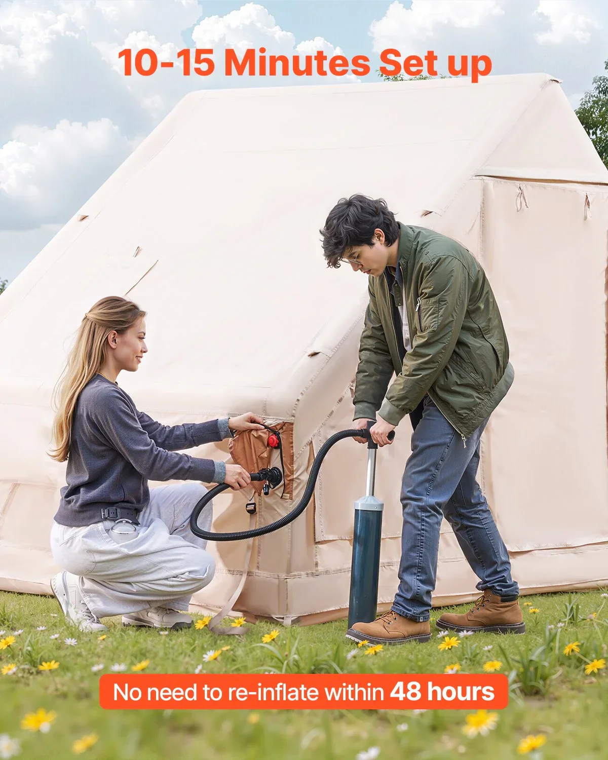 Inflatable Tents for Camping, 3-5 Person Easy Setup Blow up Tent with Hand Pump, 300D Oxford 4 Season Glamping Tent with Canopy, Stove Jack, 2 Doors & 2 Mesh Windows (Storage Bag Included) - Image 2