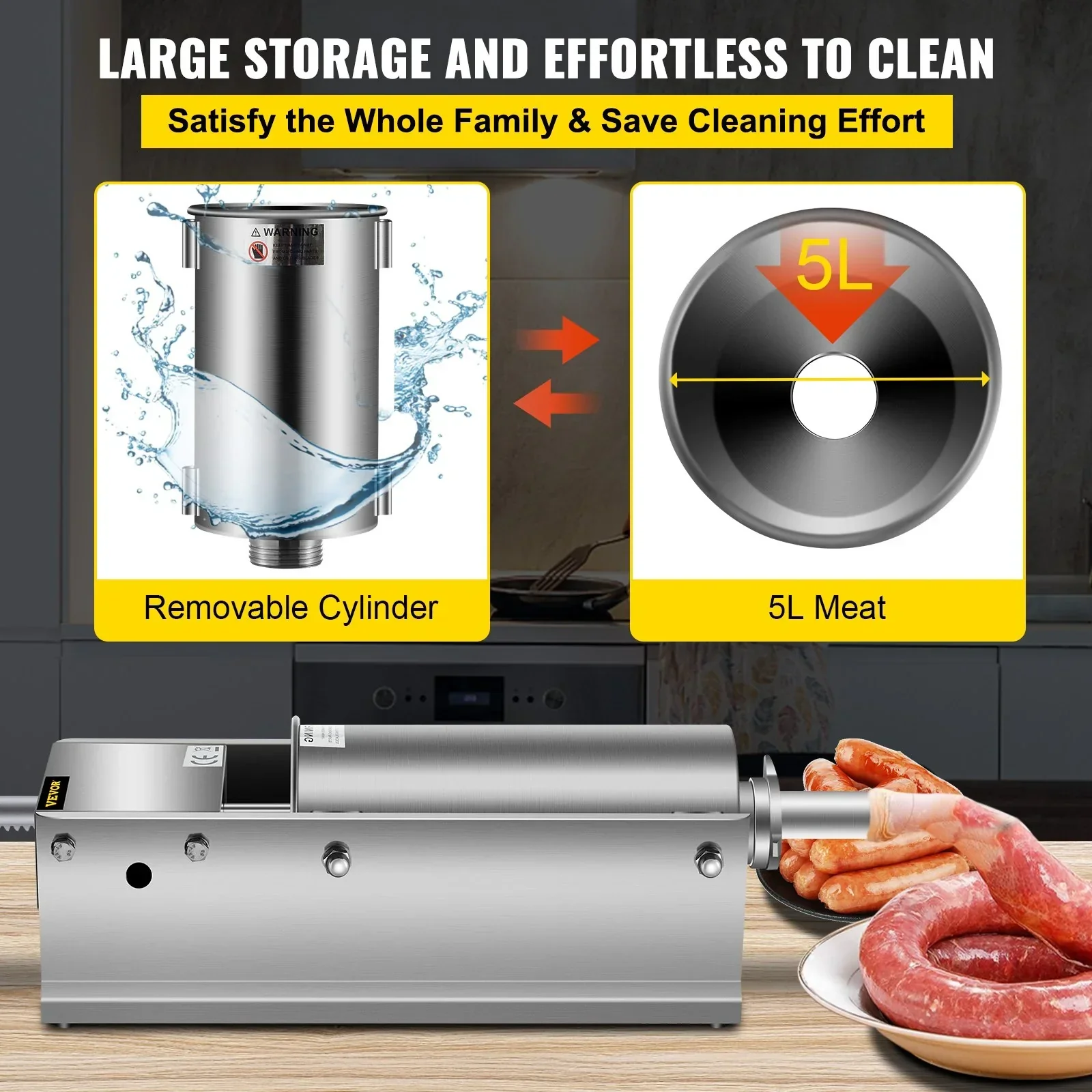 Manual Sausage Stuffer, 5 L / 11 LBS Horizontal Sausage Machine, Dual-Speed Meat Stuffer, Made of Food-Grade 304 Stainless Steel, Includes 5 Stuffing Tubes, for Home Kitchen Restaurant Commercia - Image 6