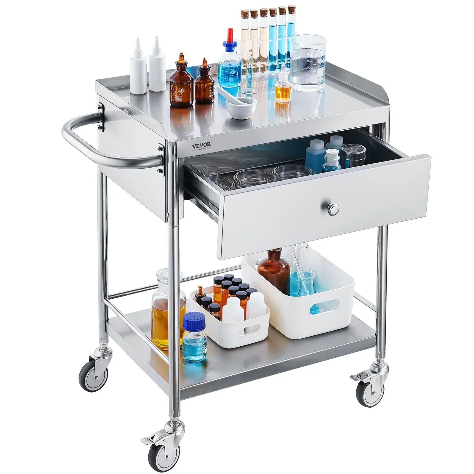 Medical Cart, 2 Layer stainless Steel Cart100 kg Weight Capacity Utility Cart Silent Wheels and a Drawer for Lab, Clinic, kitchen, Salon - Image 10