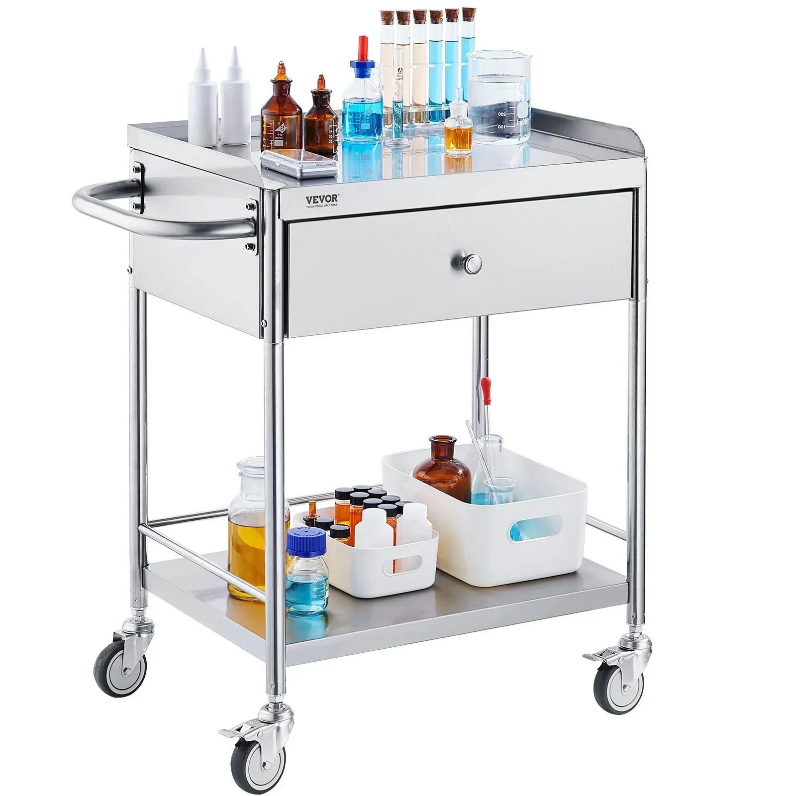 Medical Cart, 2 Layer stainless Steel Cart100 kg Weight Capacity Utility Cart Silent Wheels and a Drawer for Lab, Clinic, kitchen, Salon - Image 11