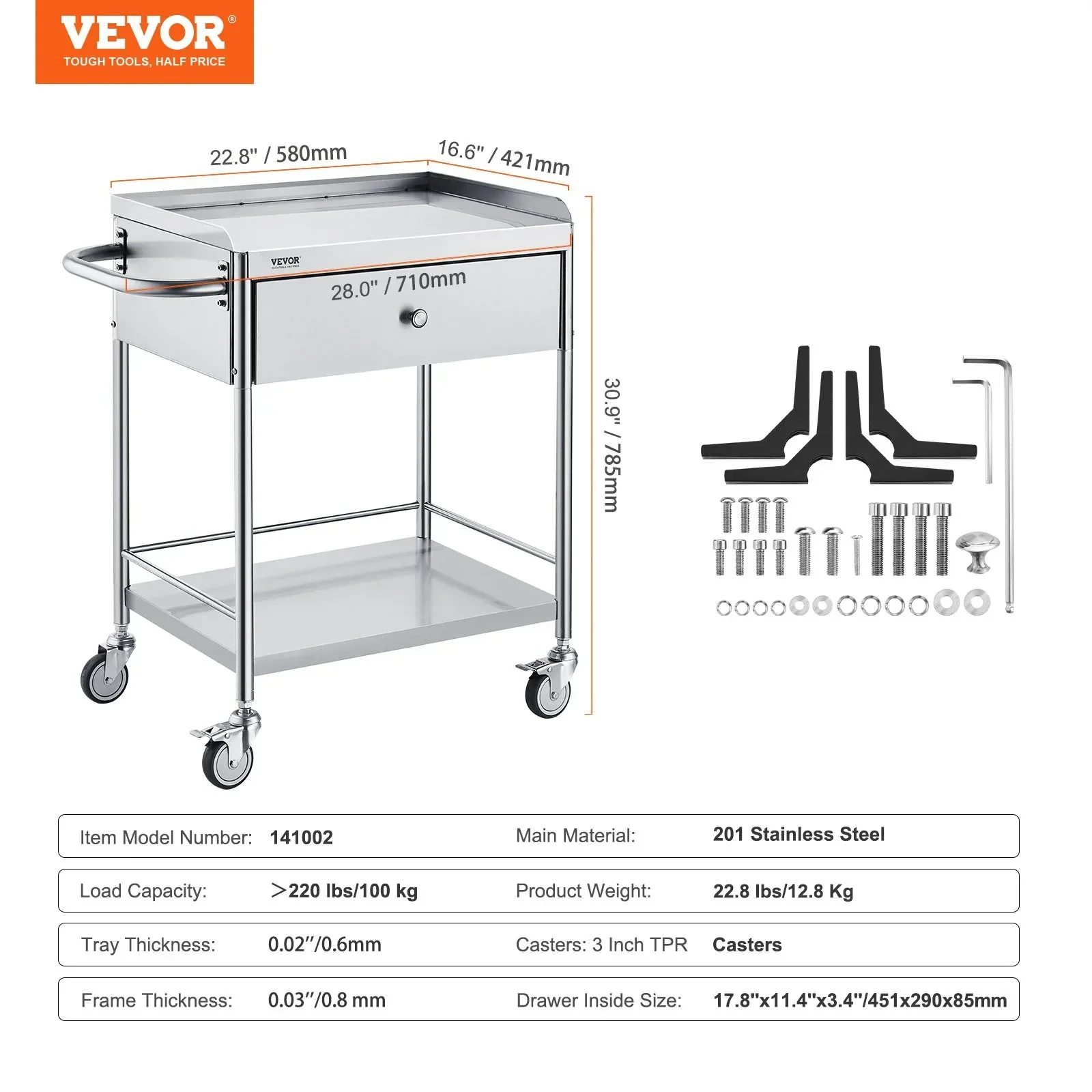 Medical Cart, 2 Layer stainless Steel Cart100 kg Weight Capacity Utility Cart Silent Wheels and a Drawer for Lab, Clinic, kitchen, Salon - Image 7