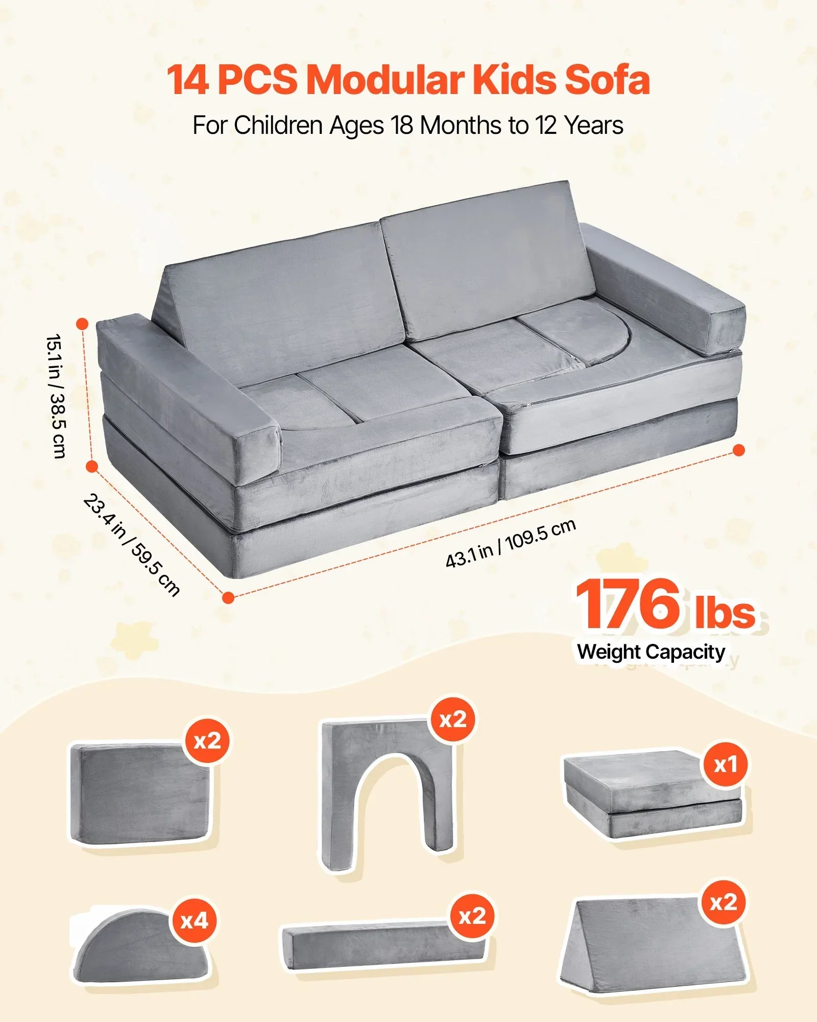 Modular Kids Play Couch, Sectional Toddler Sofa with Armrests, 28D Sponge & Short Pile, Convertible Kids Modular Couch DIY Creative Combination for Playroom, Bedroom, Living Room, 14 Pcs, Gray - Image 3