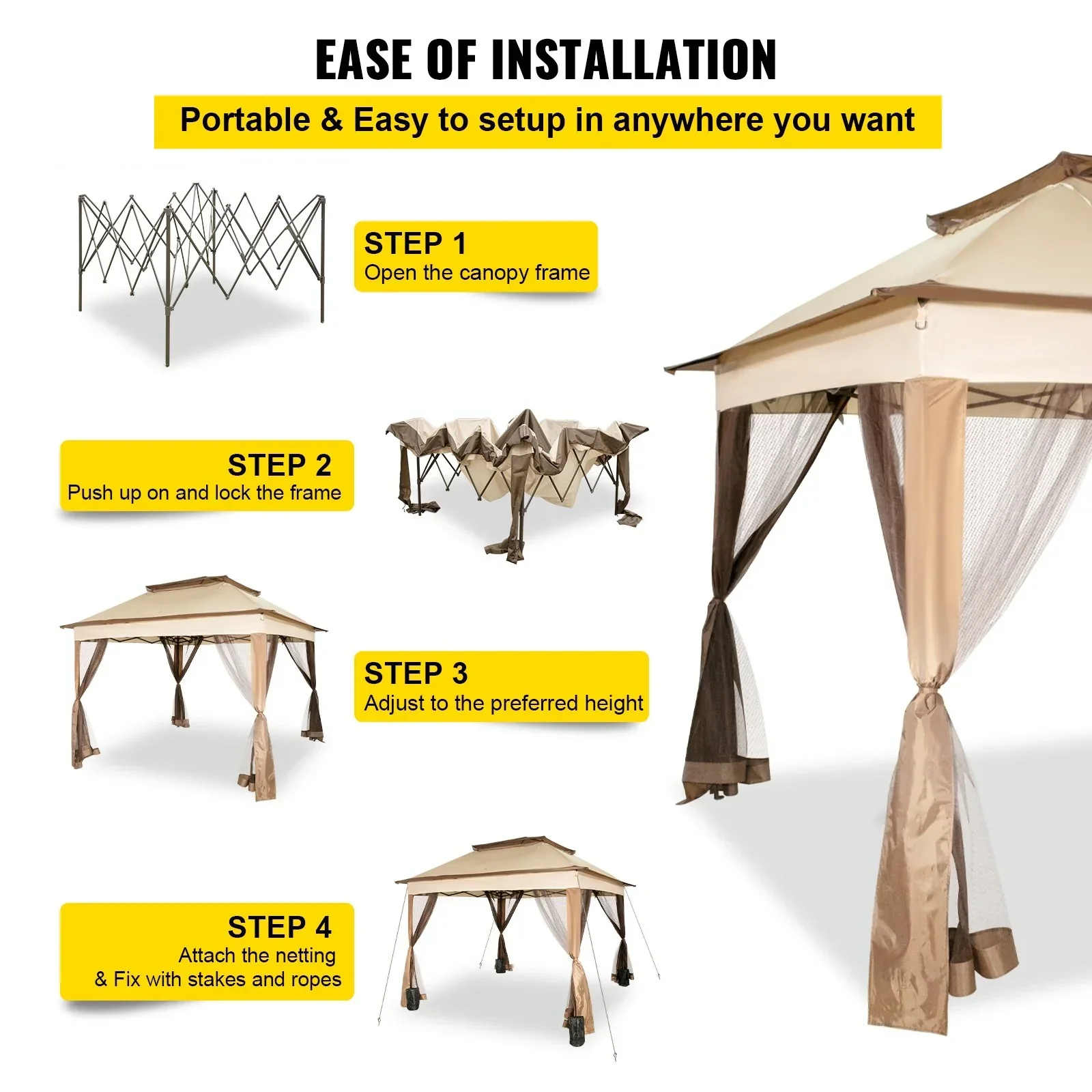 Outdoor Canopy Gazebo Tent, Portable Canopy Shelter with 11\'x11\' Large Shade Space for Party, Backyard, Patio Lawn and Garden, 4 Sandbags, Carrying Bag and Netting Included, Brown - Image 6