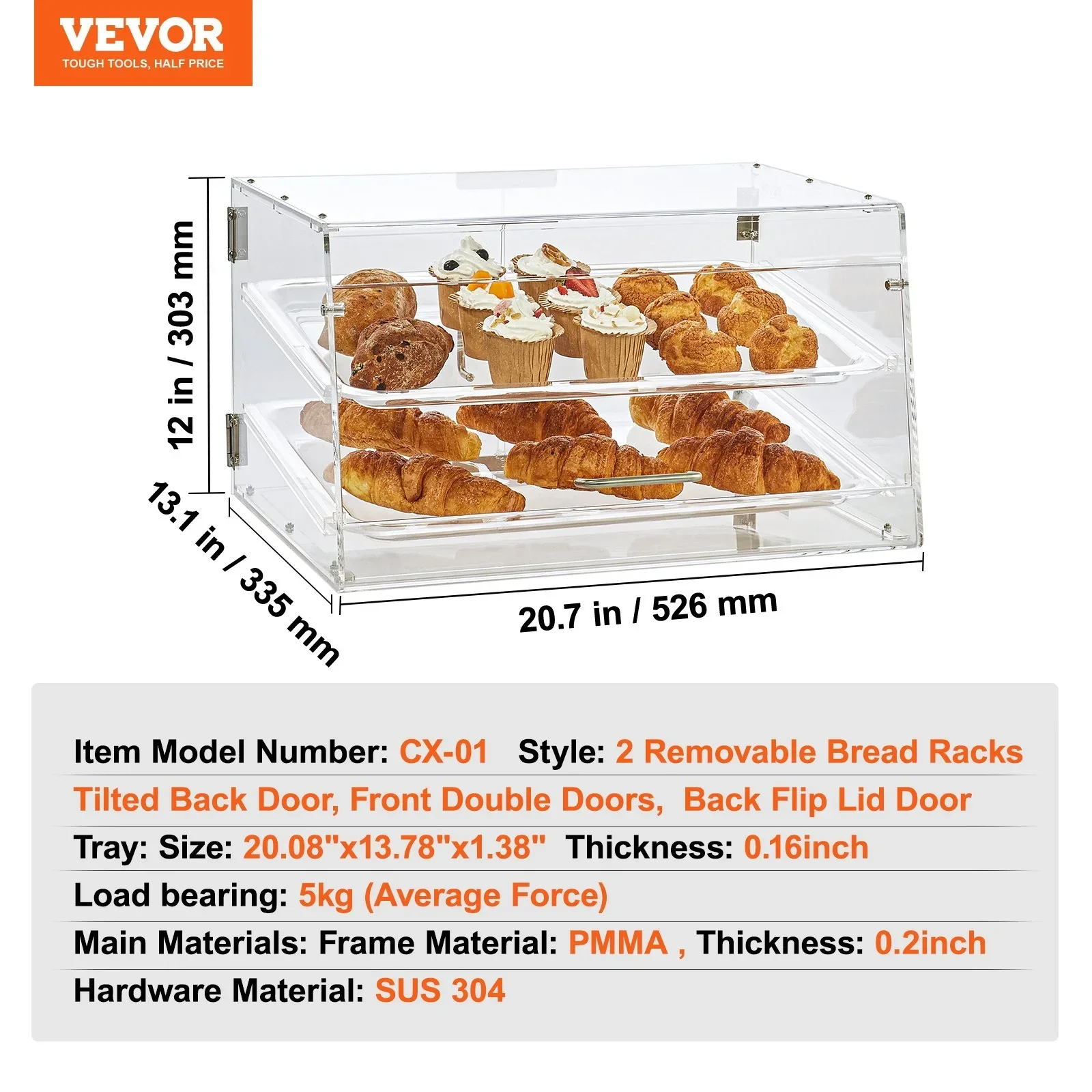 Pastry Display Case, 2-Tier Commercial Countertop Bakery Display Case, Acrylic Display Box with Rear Door Access & Removable Shelves, Keep Fresh for Donut Bagels Cake Cookie - Image 7