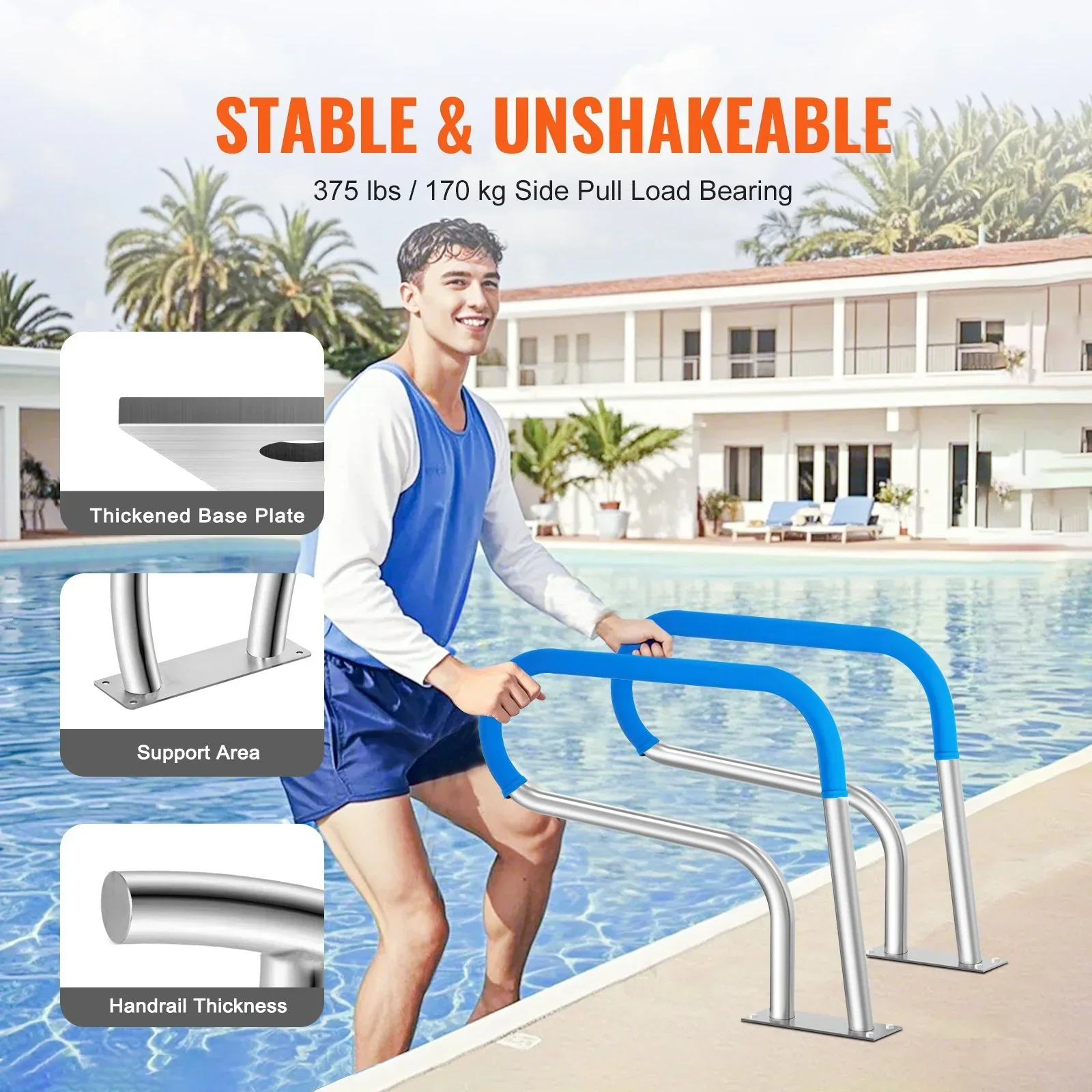 Pool Handrail, 32 x 23 inch Pool Railing, Stainless Steel with Base Plate for Indoor/Outdoor Pools,Swimming Pool Safety Railing for Decks,Rust-Proof Grab Bar w/ Grip Cover&Accessories for Spas - Image 3