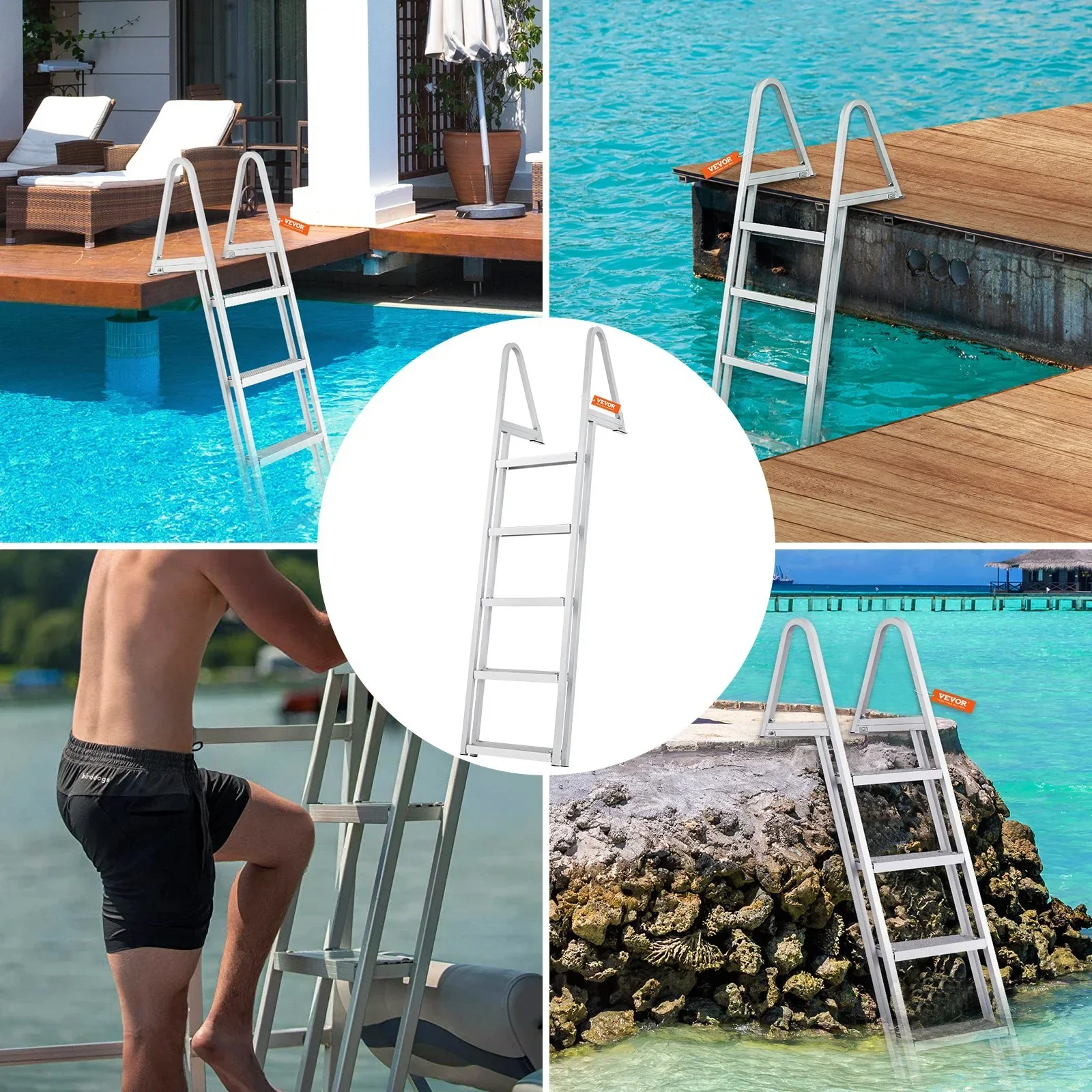Removable Dock Ladder 5 Steps, 159 kg Load Capacity, Pontoon Boat Ladder with 4'' Wide Step & Nonslip Design for Ship/Lake/Pool/Marine Boarding - Image 6