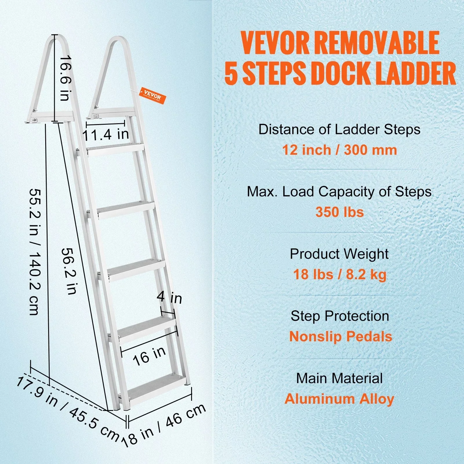 Removable Dock Ladder 5 Steps, 159 kg Load Capacity, Pontoon Boat Ladder with 4'' Wide Step & Nonslip Design for Ship/Lake/Pool/Marine Boarding - Image 7