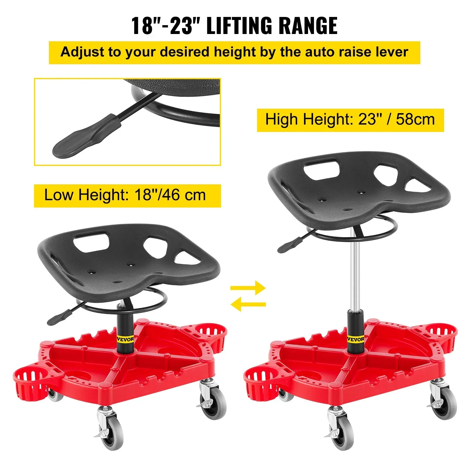 Rolling Garage Stool, 300LBS Capacity, Adjustable Height from 18 in to 23 in, 360-degree Swivel Wheels (4\"), Large Tool Tray with Two Bottle Holder, for Workshop, Auto Repair Shop, Red - Image 3