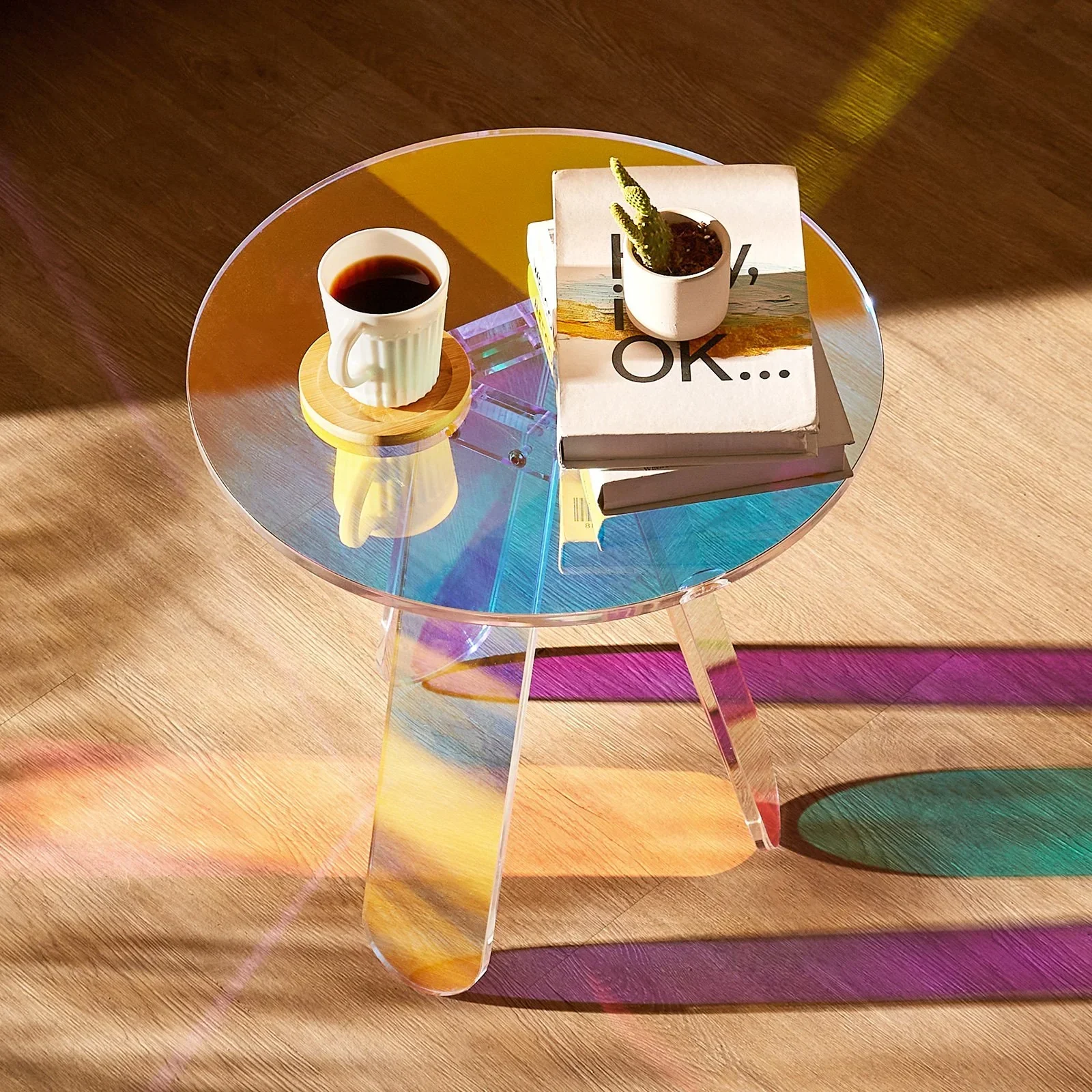 Round Iridescent Side Table, Acrylic End Table, Clear Rainbow Acrylic Coffee Table for Drink, Food, Snack used in Living Room, Bedroom, and Study - Image 8