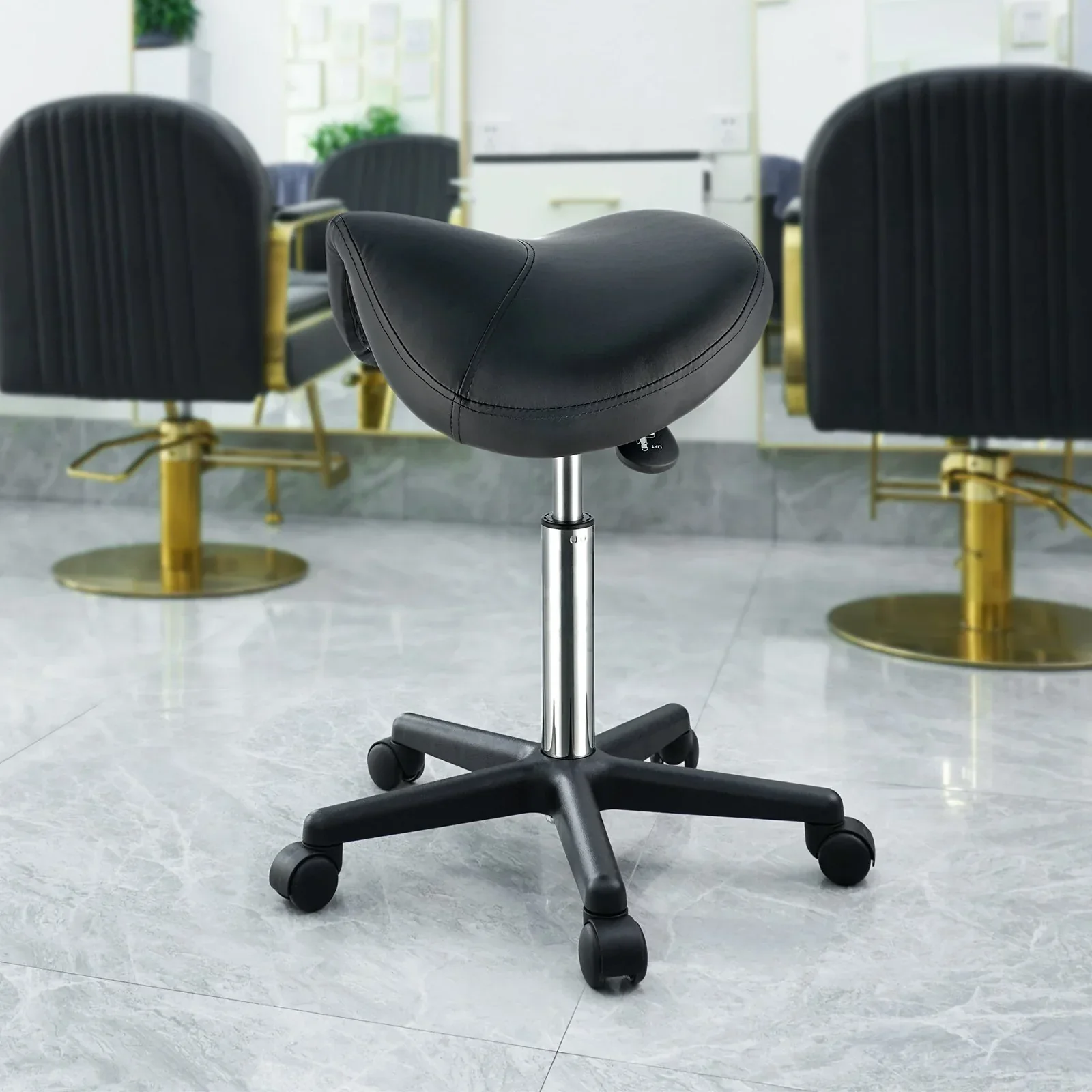 Saddle Stool with Wheels, 400 LBS Weight Capacity Ergonomic Rolling Saddle Stool, Height Adjustable Thickened PU Leather Swivel Saddle Stools Chair for Salon, Spa, Tattoo, Clinic, Black - Image 8
