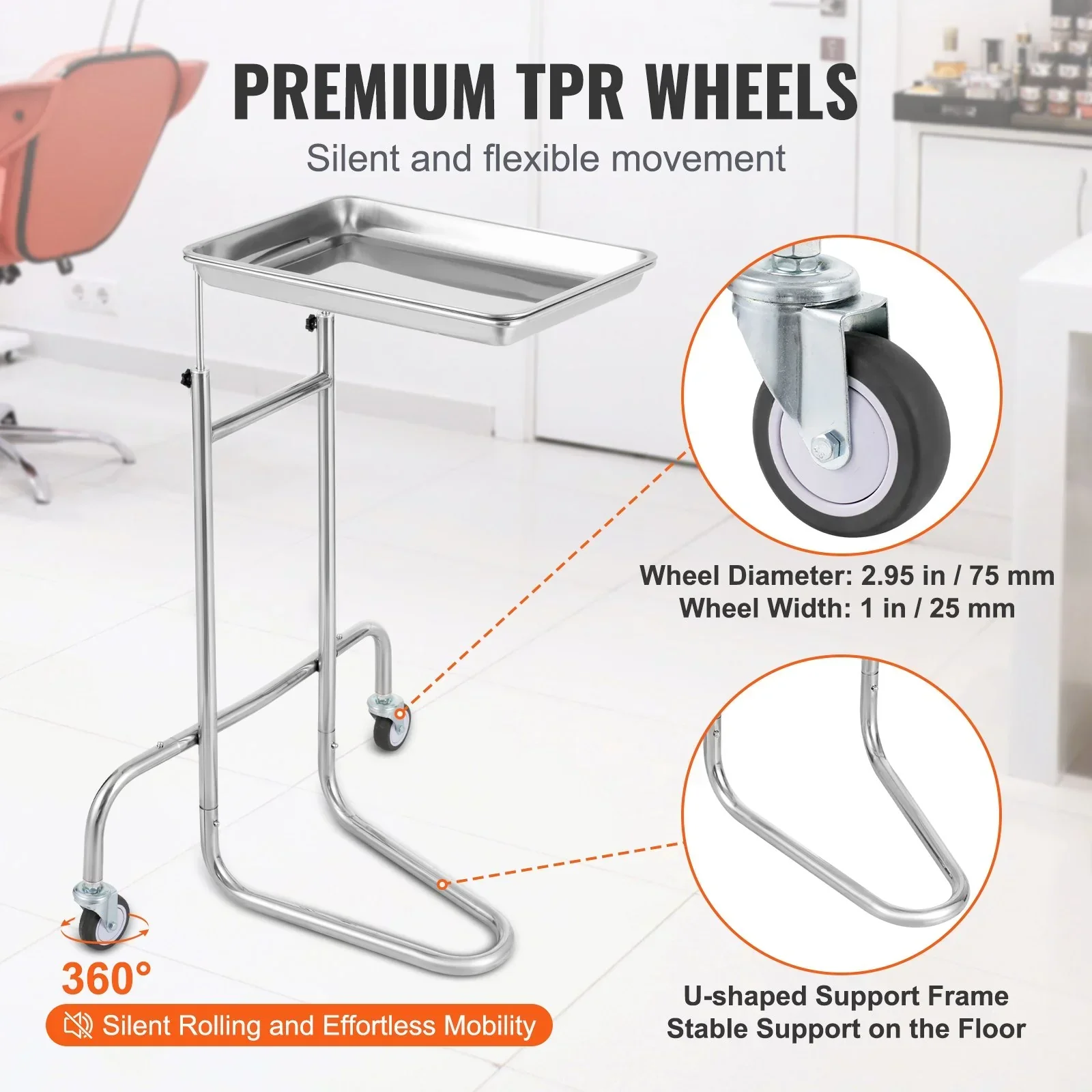 Stainless Steel Lab Cart with Single Tray & 2 Silent Wheels for Lab Clinic - Image 4