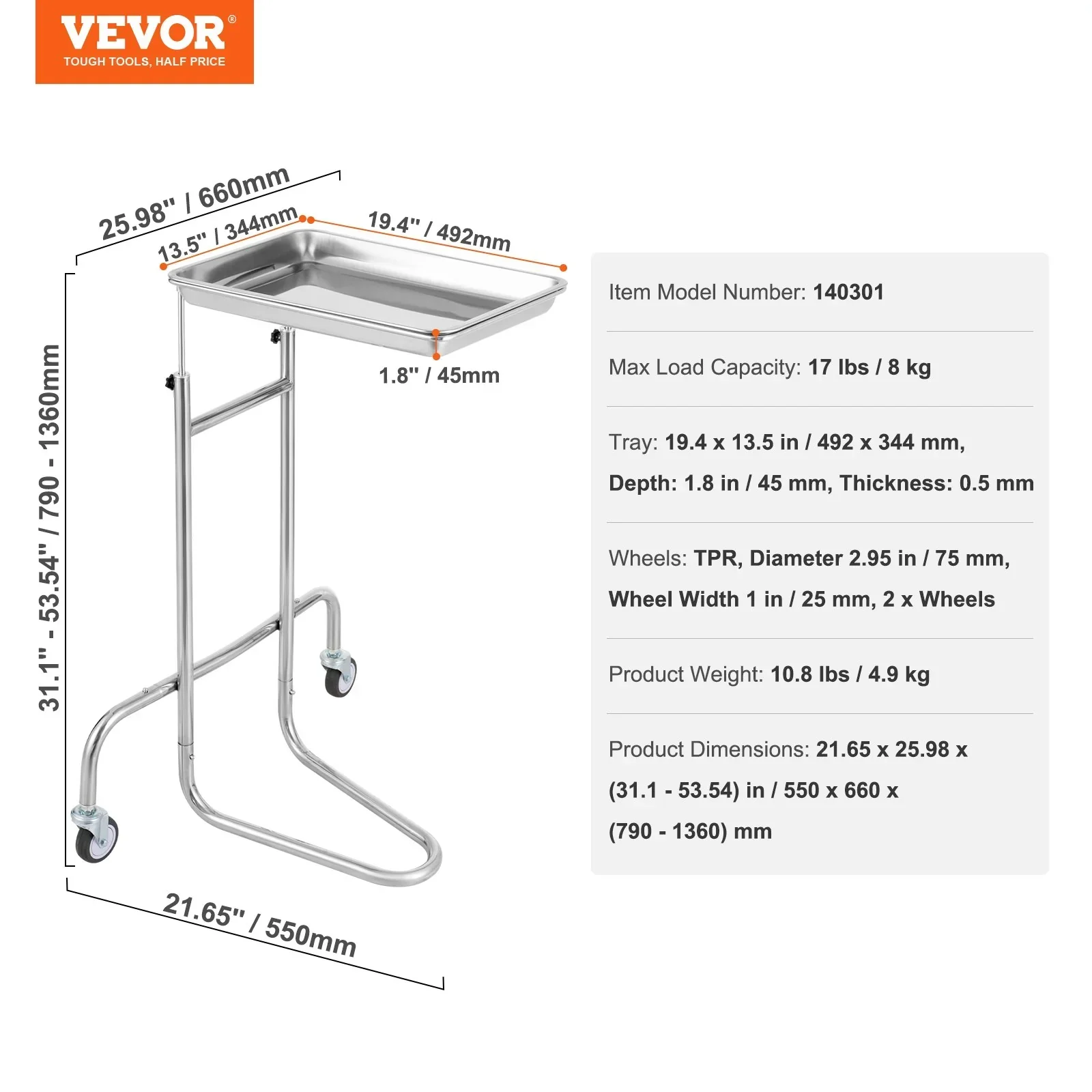 Stainless Steel Lab Cart with Single Tray & 2 Silent Wheels for Lab Clinic - Image 7