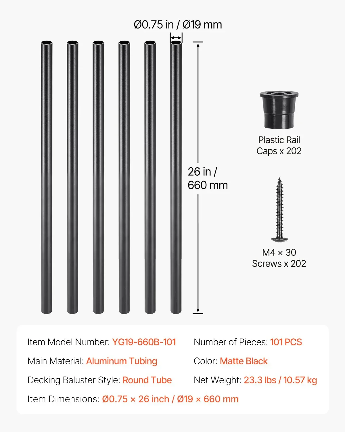 Staircase Balusters 101 Pack, 660 mm Aluminum Stair Balusters, 19 mm Water-Proof Round Metal Spindle Railing, Hollow Deck Railing with Rail Caps & Screws for Stairs, Porch, Patio, Matte Black - Image 7