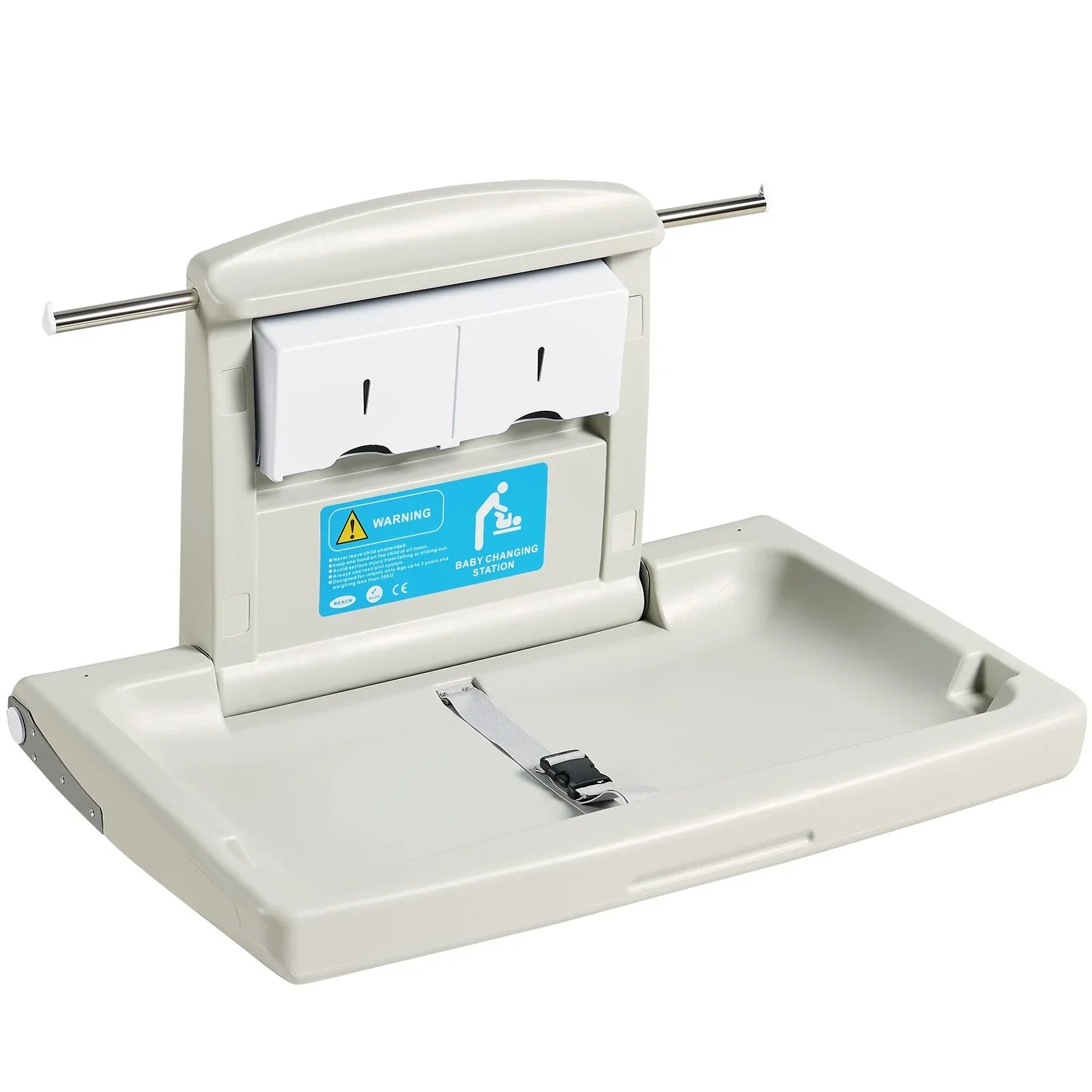 Wall-Mounted Ba Changing Station, Horizontal Foldable Diaper Change Table with Safety Straps and Hanging Rods, Use in Commercial Bathrooms,  Daycare Centers for Newborns & Infant - Image 10
