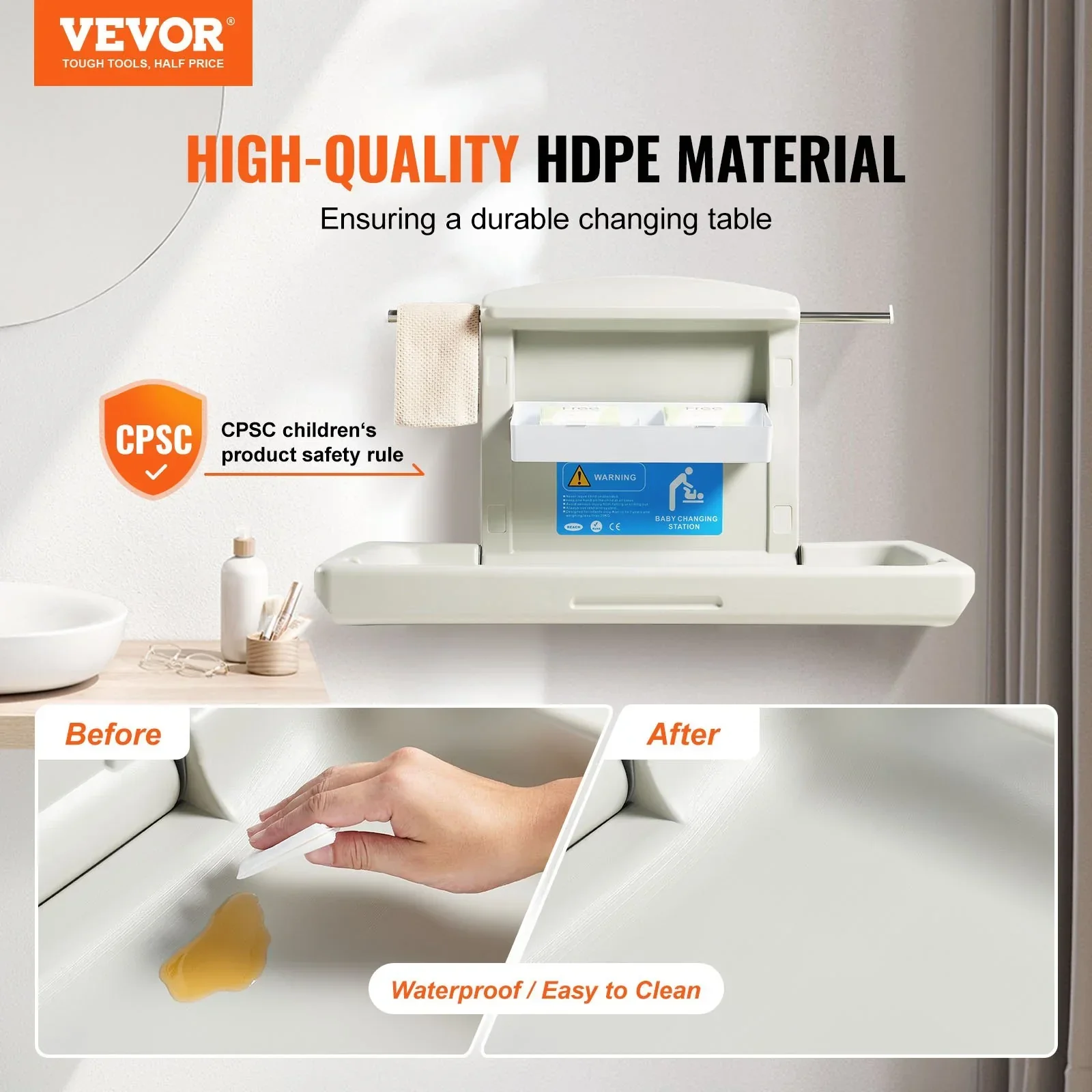 Wall-Mounted Ba Changing Station, Horizontal Foldable Diaper Change Table with Safety Straps and Hanging Rods, Use in Commercial Bathrooms,  Daycare Centers for Newborns & Infant - Image 2