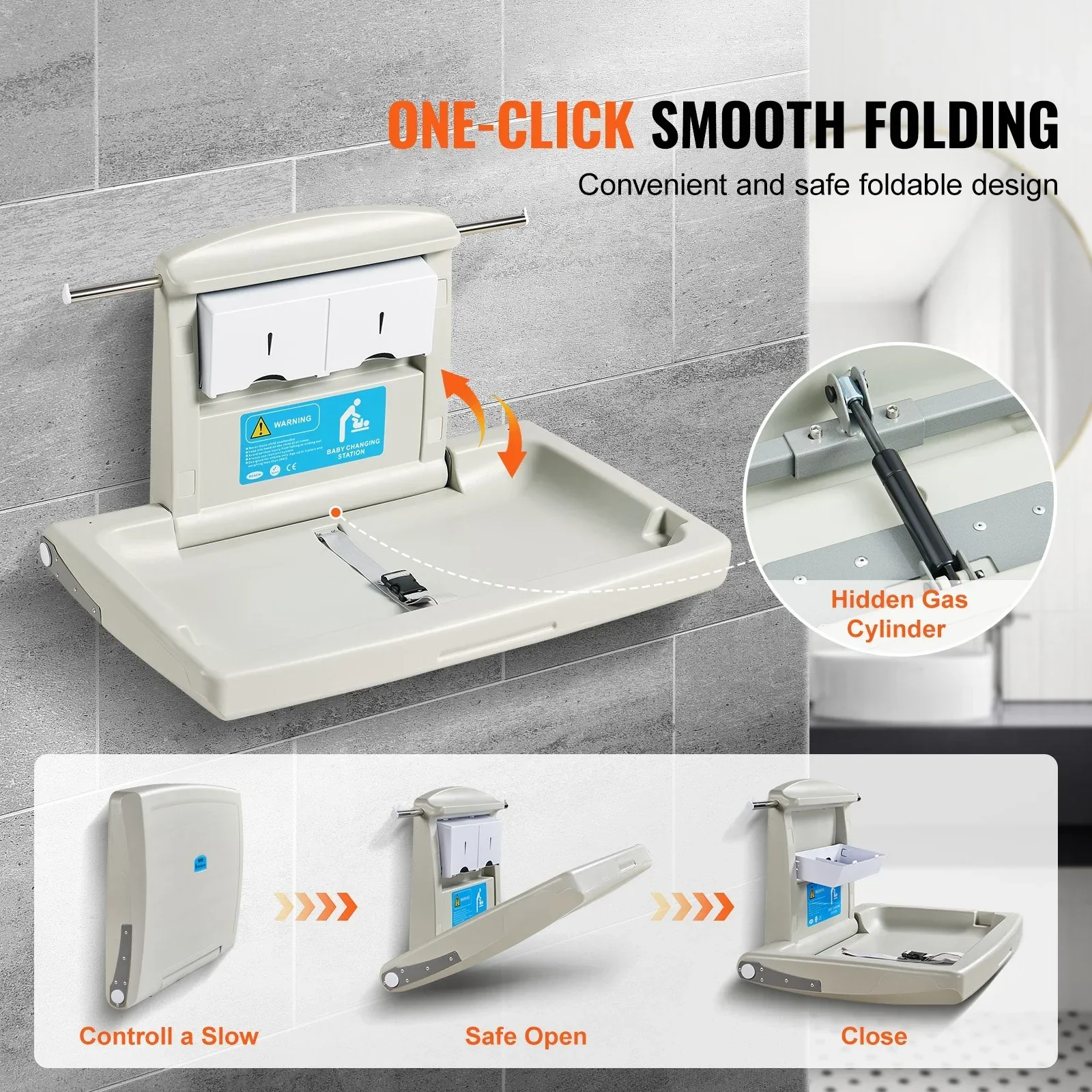 Wall-Mounted Ba Changing Station, Horizontal Foldable Diaper Change Table with Safety Straps and Hanging Rods, Use in Commercial Bathrooms,  Daycare Centers for Newborns & Infant - Image 3