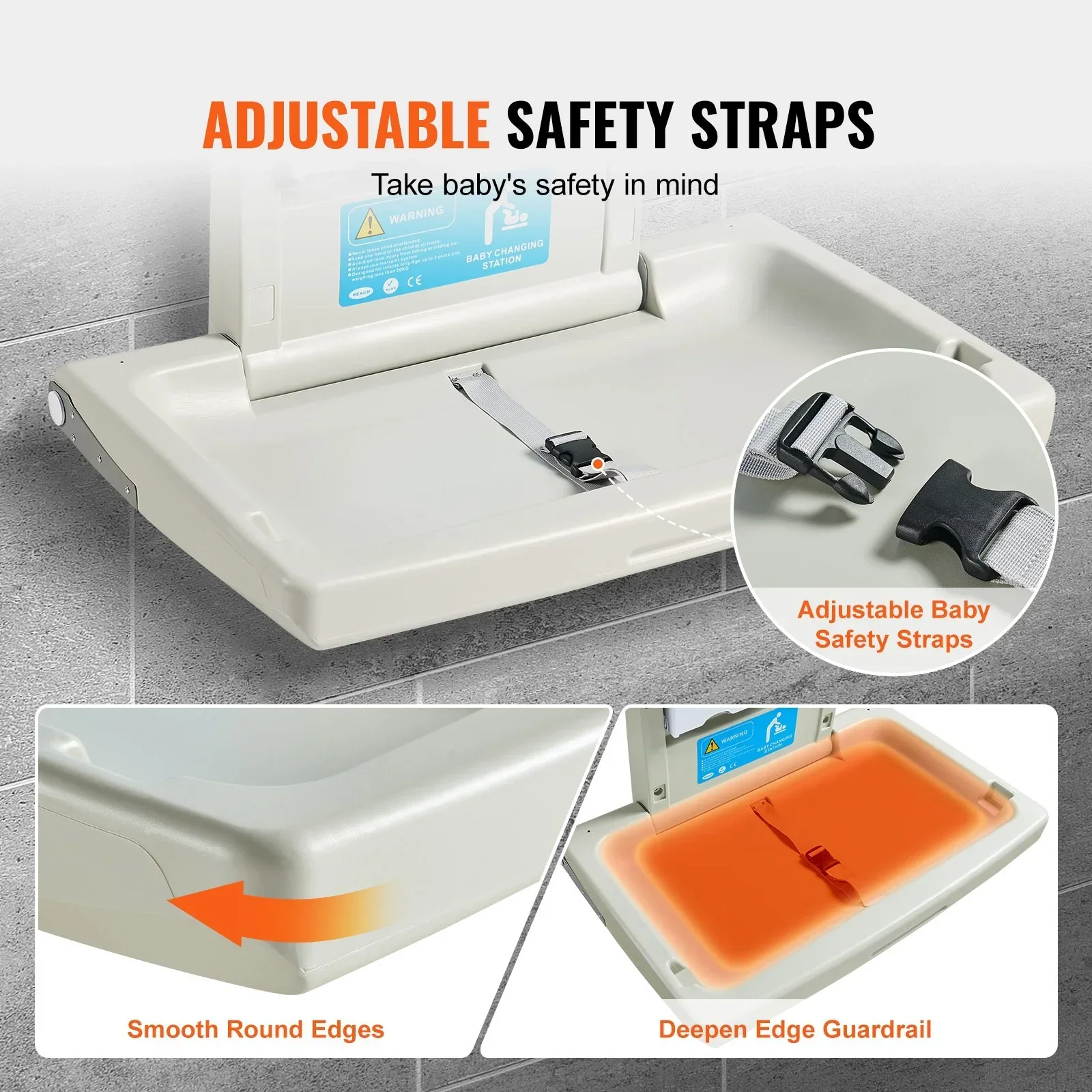 Wall-Mounted Ba Changing Station, Horizontal Foldable Diaper Change Table with Safety Straps and Hanging Rods, Use in Commercial Bathrooms,  Daycare Centers for Newborns & Infant - Image 4