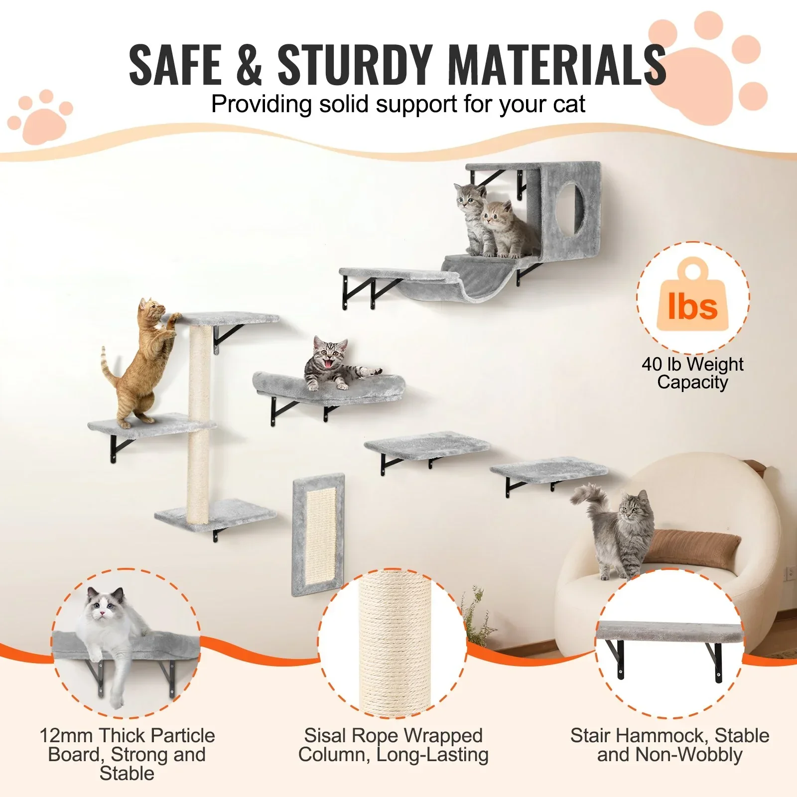 Wall Mounted Cat Shelves, Cat Wall Shelves and Perches with Jumping Boards, Hammock, Sofa, Cat Tree & Cat Grip, Cat Furniture and Shelves up to 40 lbs for Sleeping, Playing, Climbing, Set of 6 - Image 3