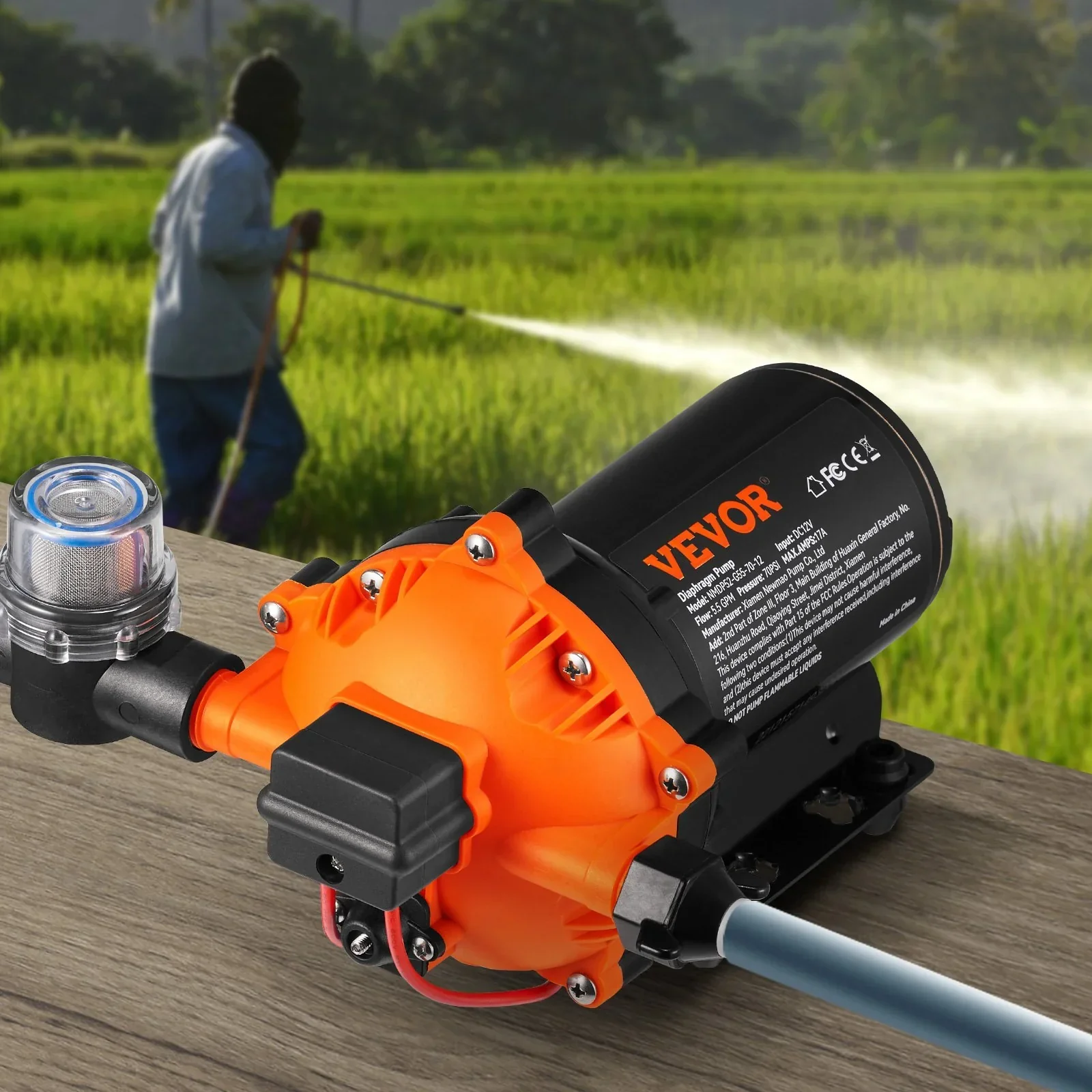 Water Diaphragm Pump, 20.8 LPM Flow, 4.8 bar Rated Pressure (2.8-6.9 bar Adjustable), 12.7 mm MNPT Self Priming Sprayer Pump with Pressure Switch for RV Camper Marine Boat Lawn, FCC Certified - Image 8