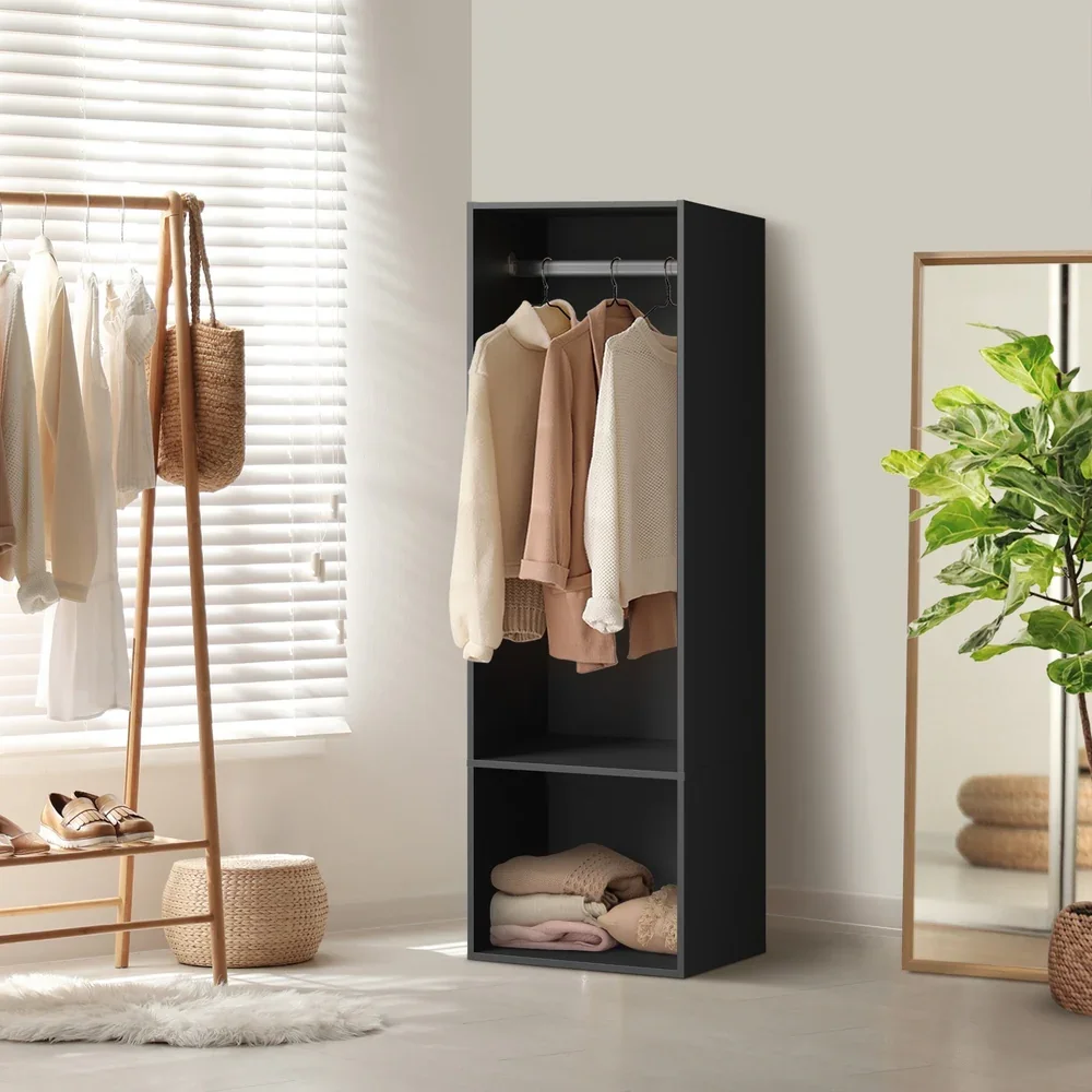 Open Wardrobe Shelf Unit 2 Shelves Hanging Rail Black - Image 4
